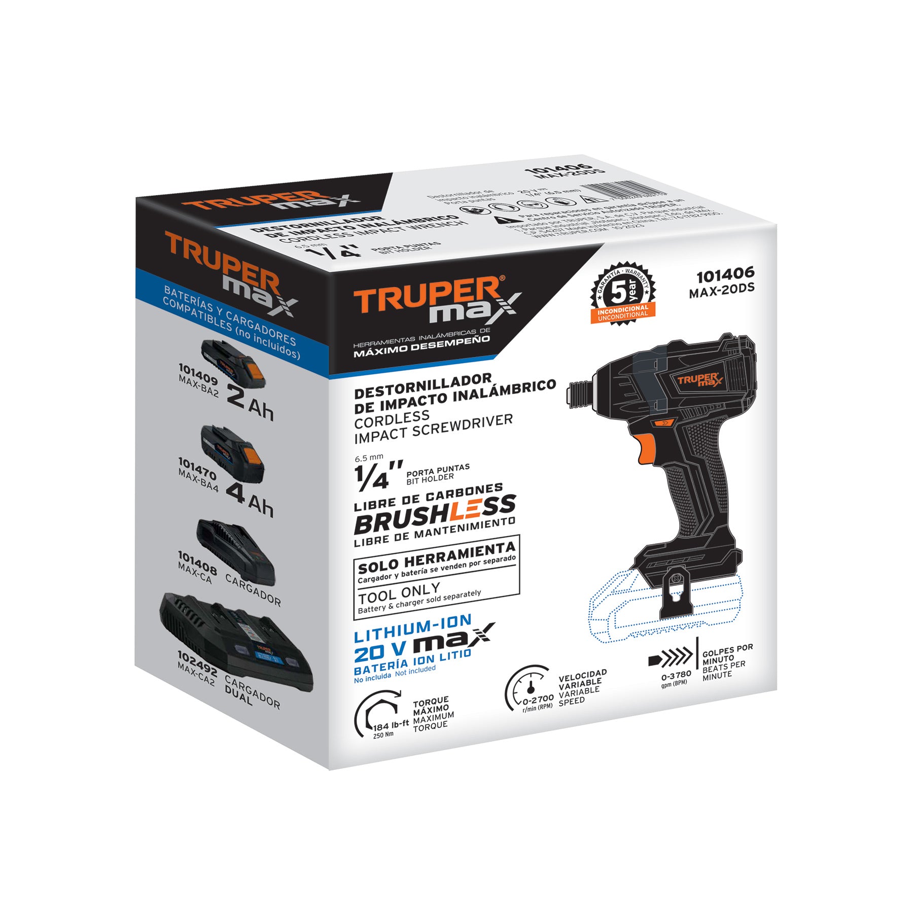 Destornillador de impacto 1/4' 20 V Truper MAX, sin batería