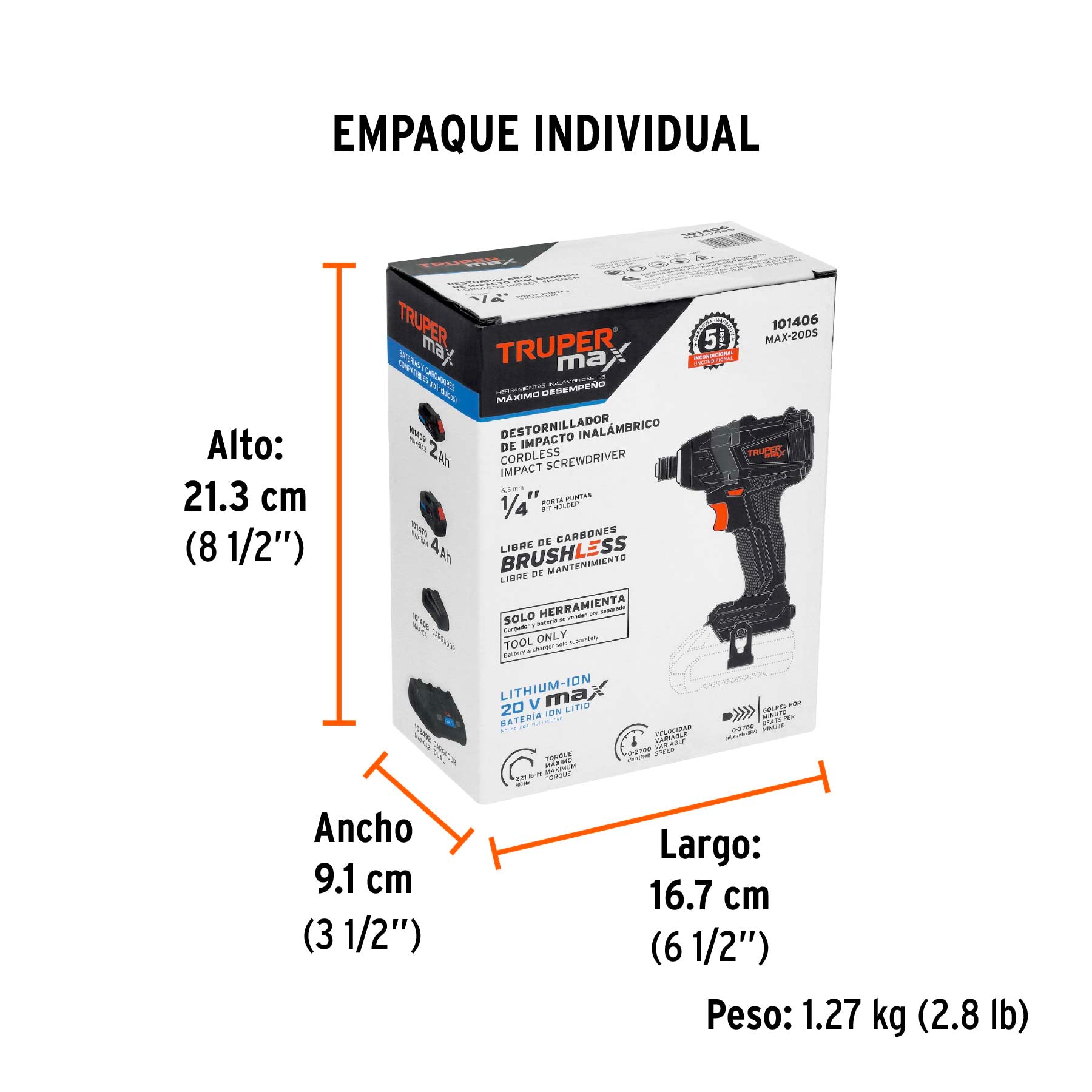 Destornillador de impacto 1/4' 20 V Truper MAX, sin batería