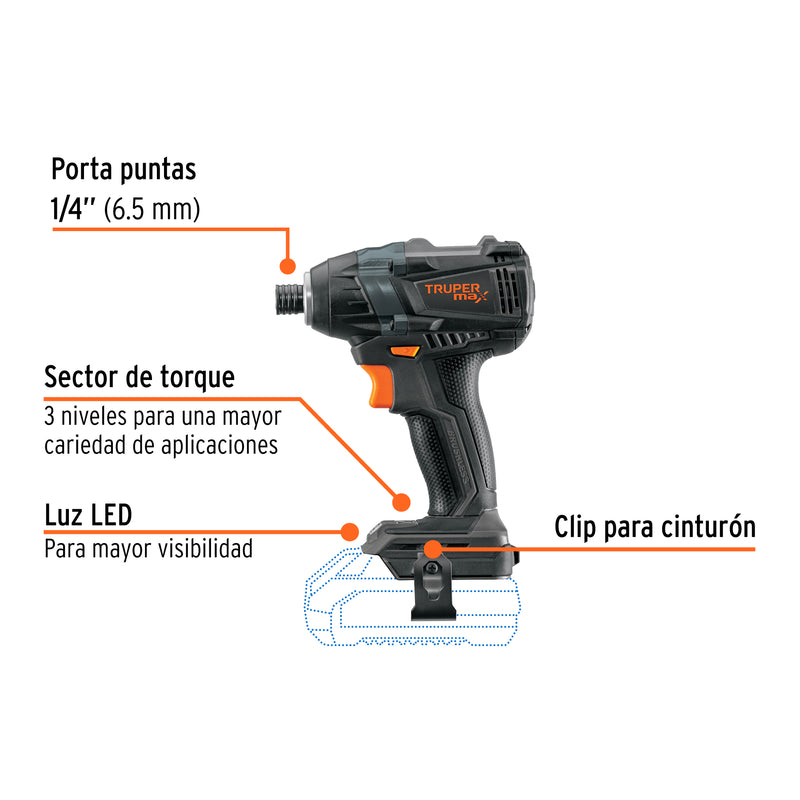 Destornillador de impacto 1/4' 20 V Truper MAX, sin batería