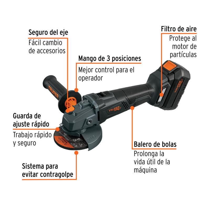 Esmeriladora angular inalámbrica 4-1/2', 20V, sin carbones