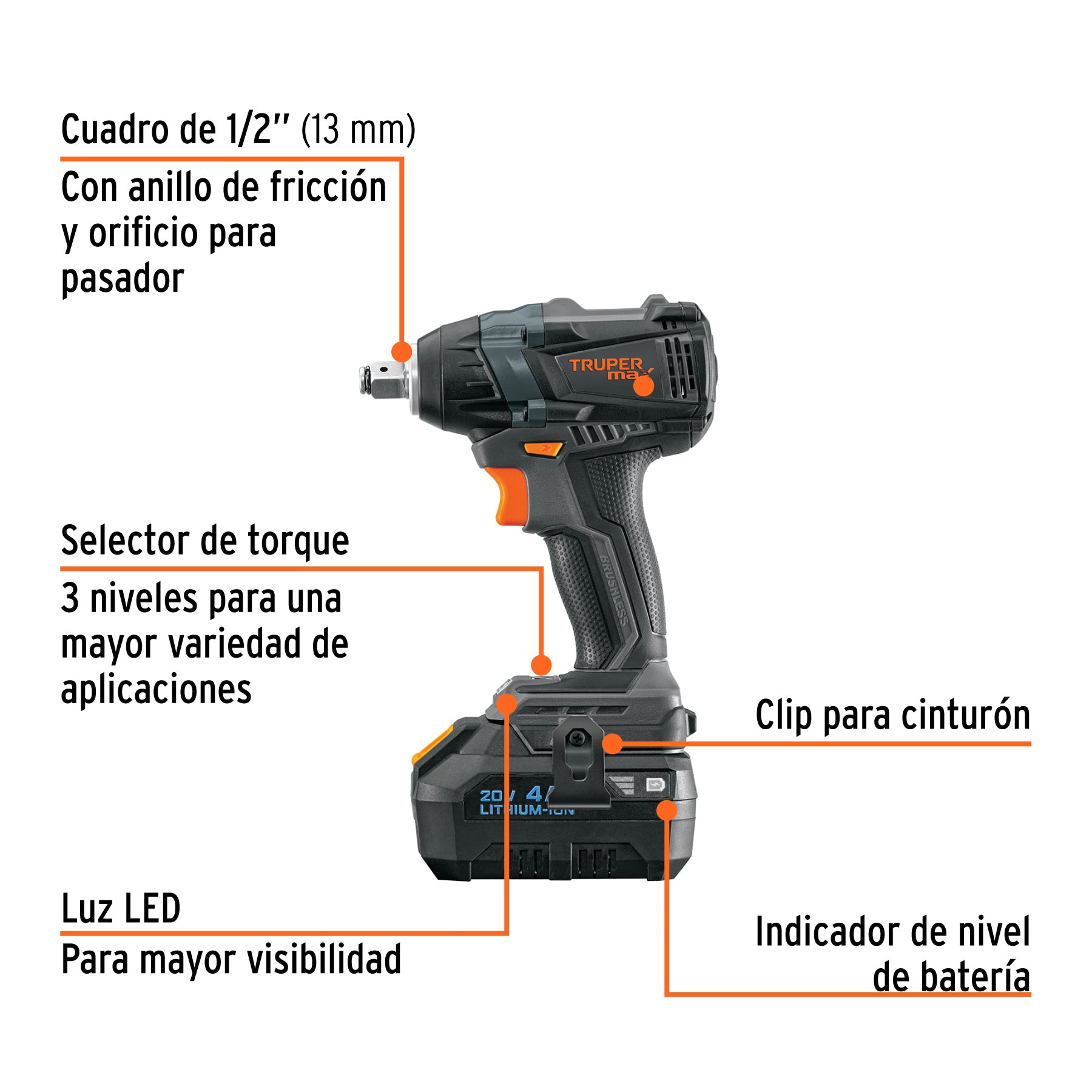 Llave de impacto inalámbrica 1/2' 20 V Truper MAX