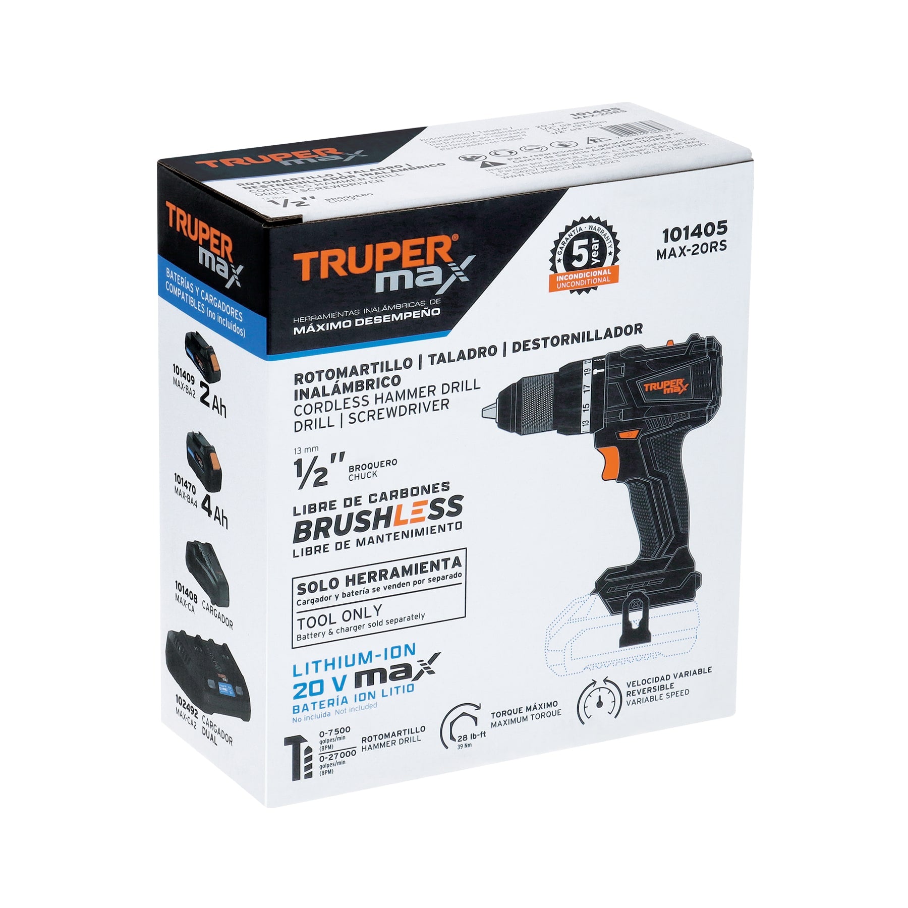 Rotomartillo inalámbrico 1/2' 20 V Truper MAX, sin batería