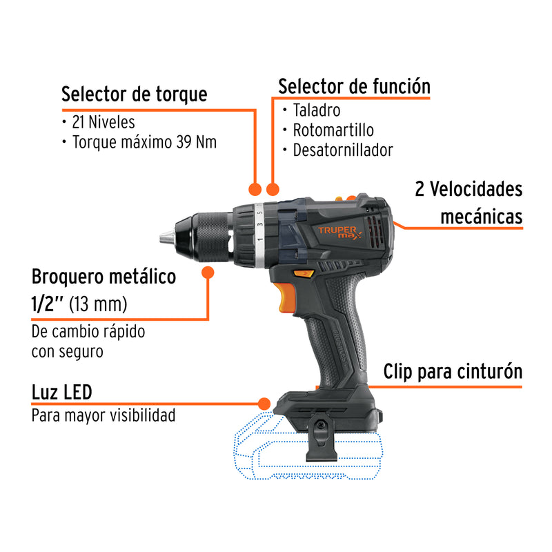 Rotomartillo inalámbrico 1/2' 20 V Truper MAX, sin batería
