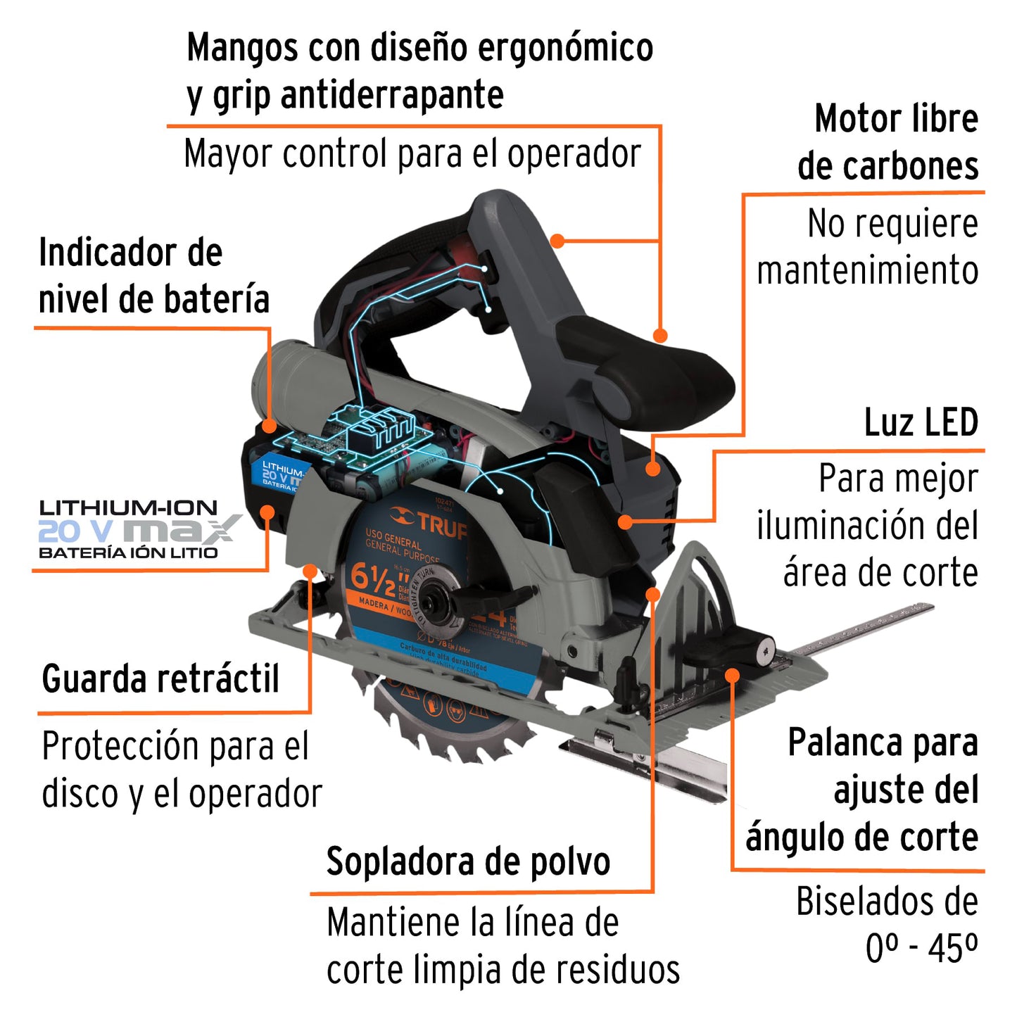 Sierra circular inalámbrica 6-1/2', 20V, sin carbones