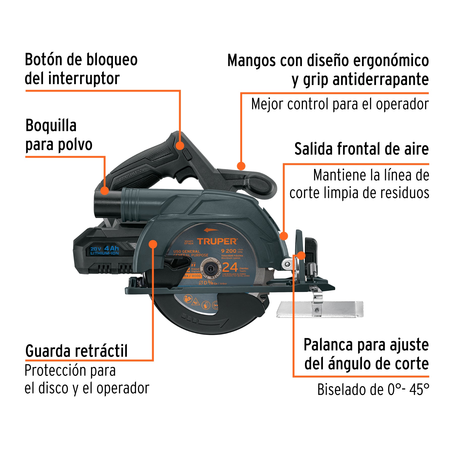Sierra circular inalámbrica 6-1/2', 20V, sin carbones