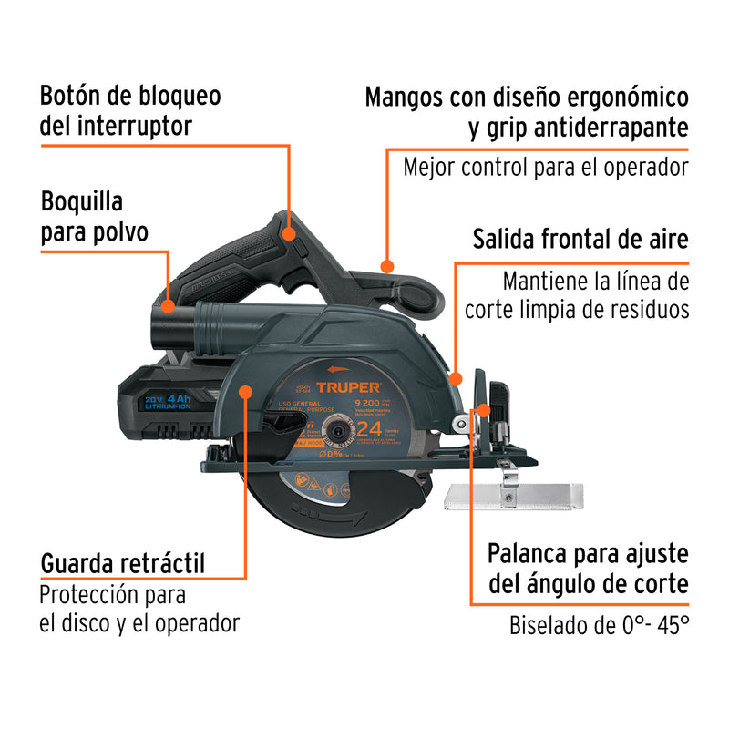 Sierra circular inalámbrica 6-1/2', 20V, sin carbones