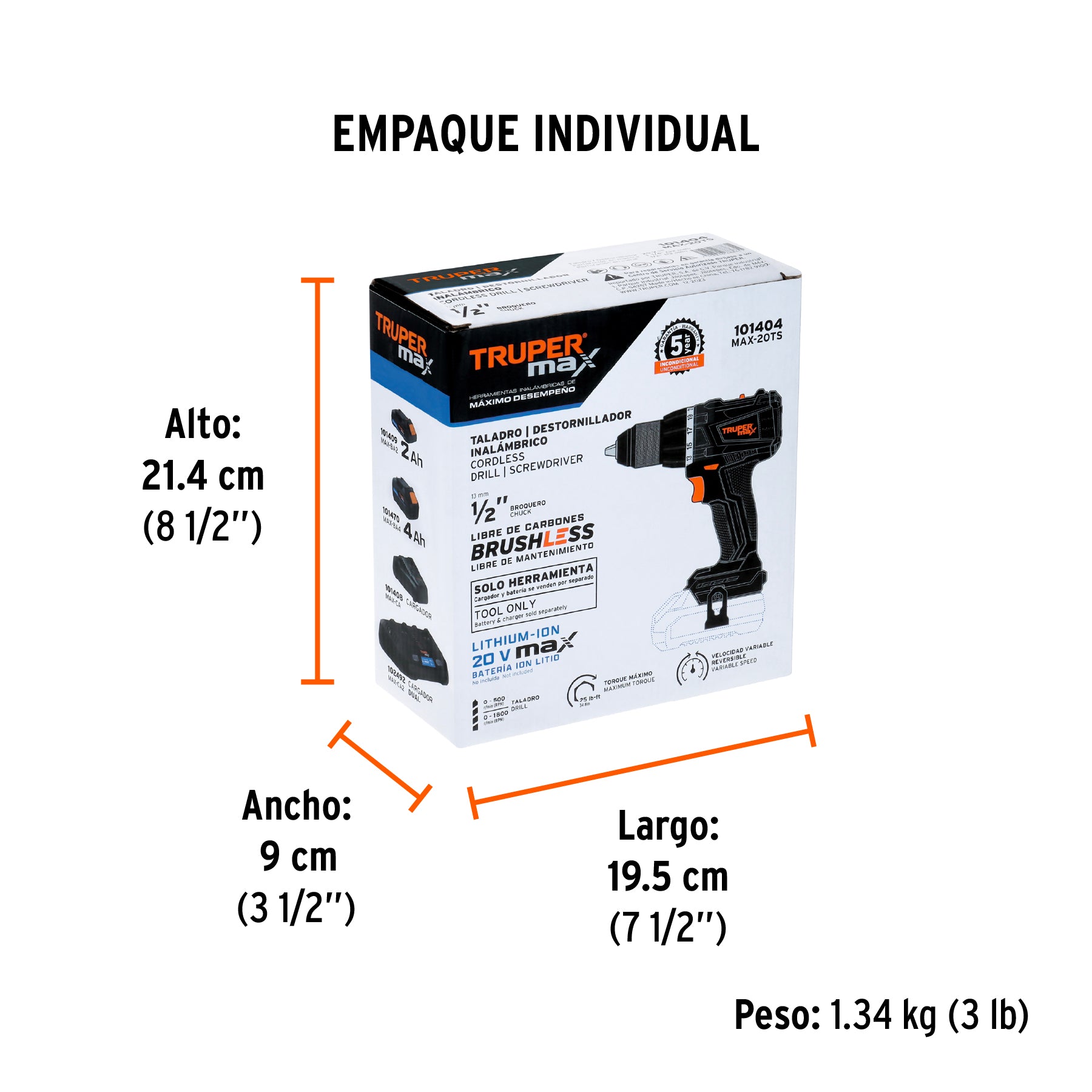 Taladro inalámbrico 1/2' 20 V Truper MAX, sin batería