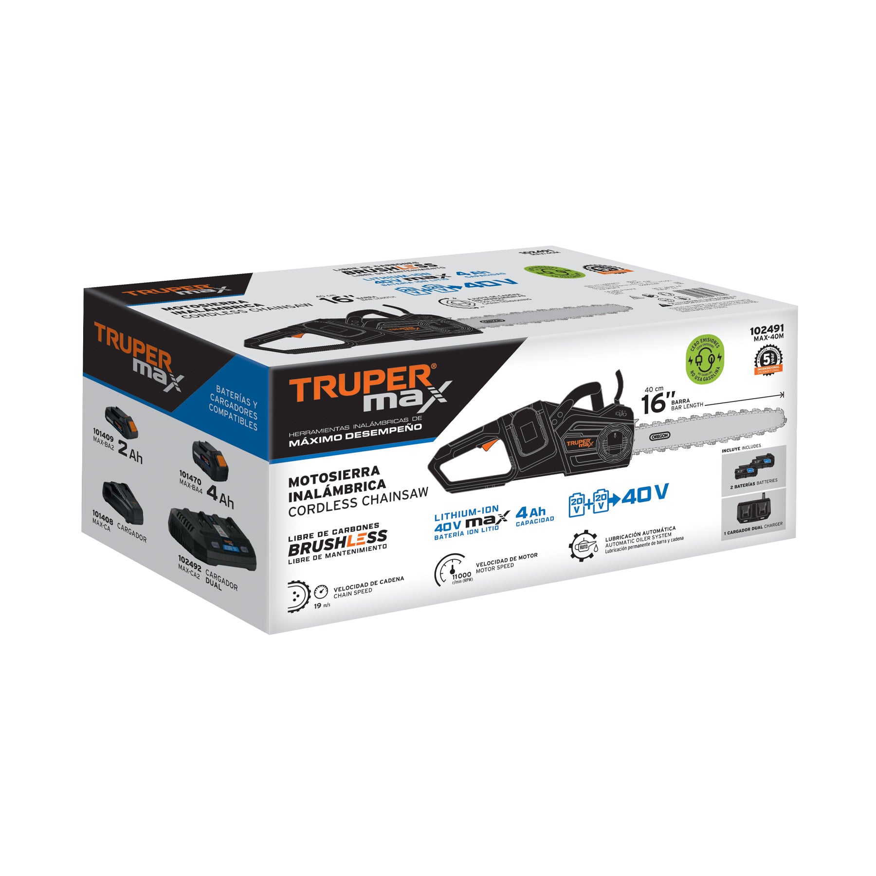 Motosierra inalámbrica 16', 40 V, sin carbones, Truper MAX