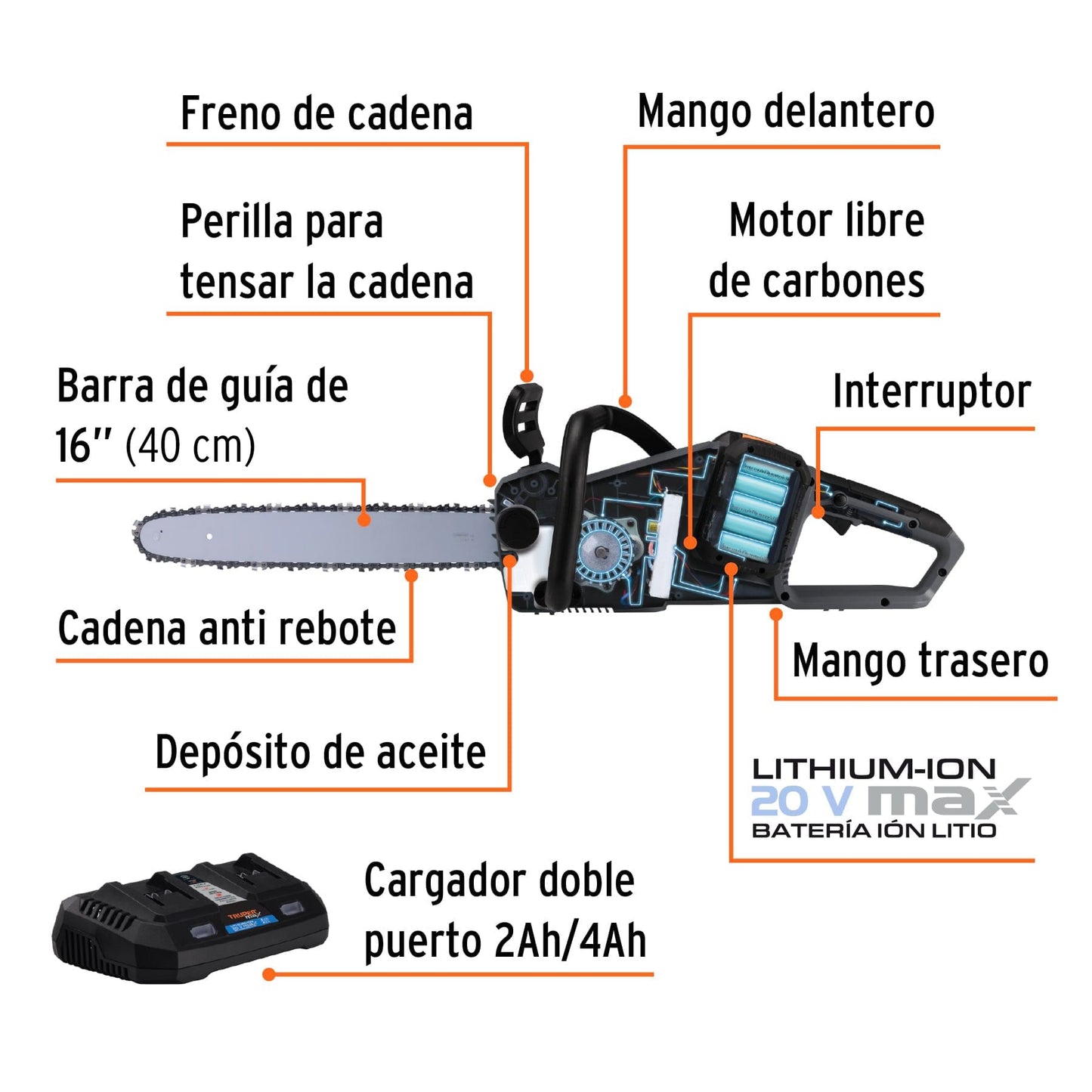 Motosierra inalámbrica 16', 40 V, sin carbones, Truper MAX