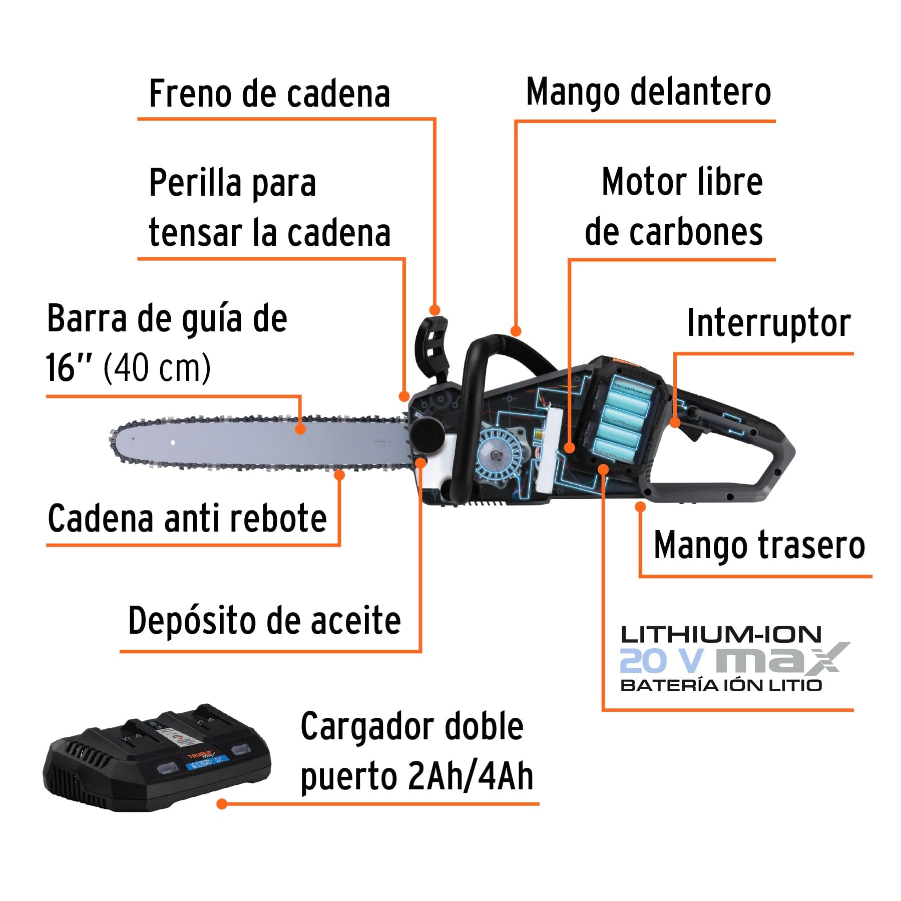 Motosierra inalámbrica 16', 40 V, sin carbones, Truper MAX