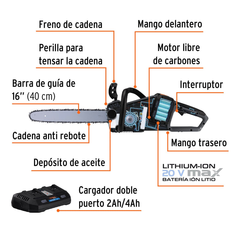 Motosierra inalámbrica 16', 40 V, sin carbones, Truper MAX