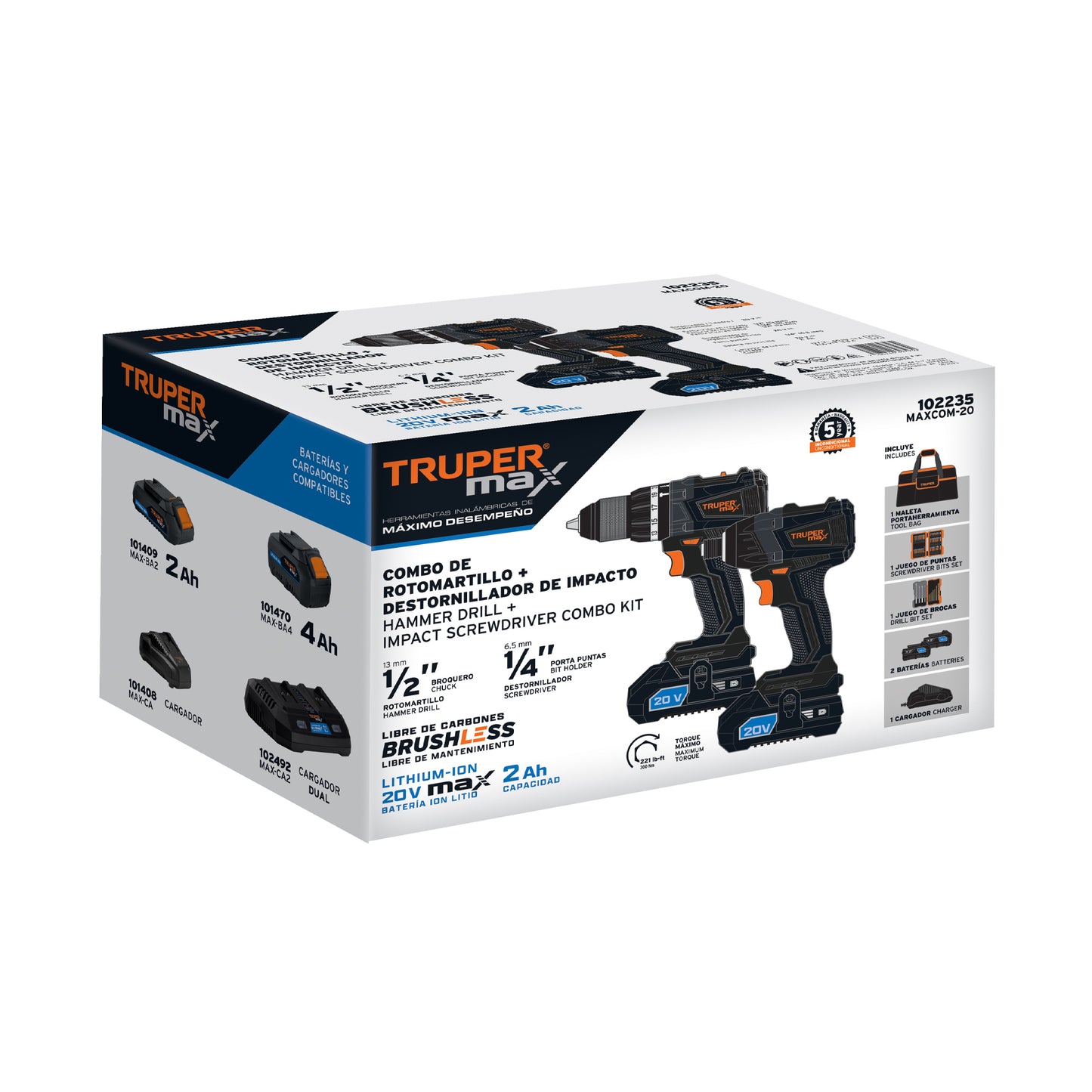 Rotomartillo y destornillador inalámbrico 20V, sin carbones