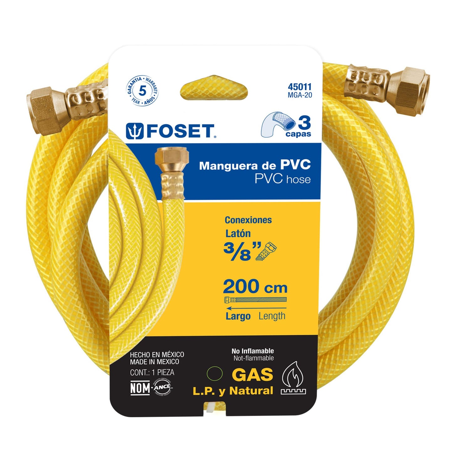 Manguera flexible, PVC, 3/8", con conexión, 2 m