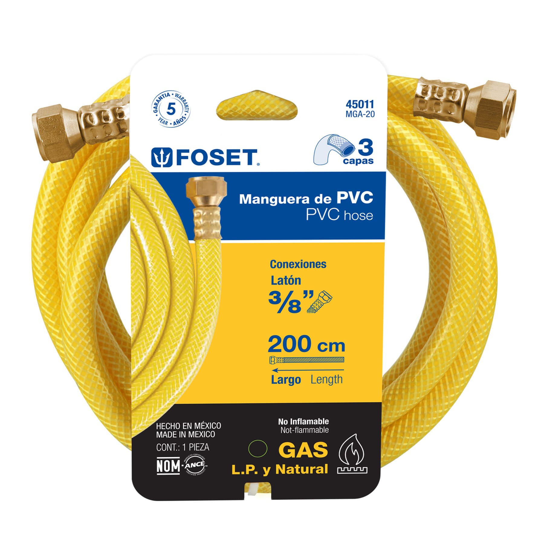 Manguera flexible, PVC, 3/8", con conexión, 2 m