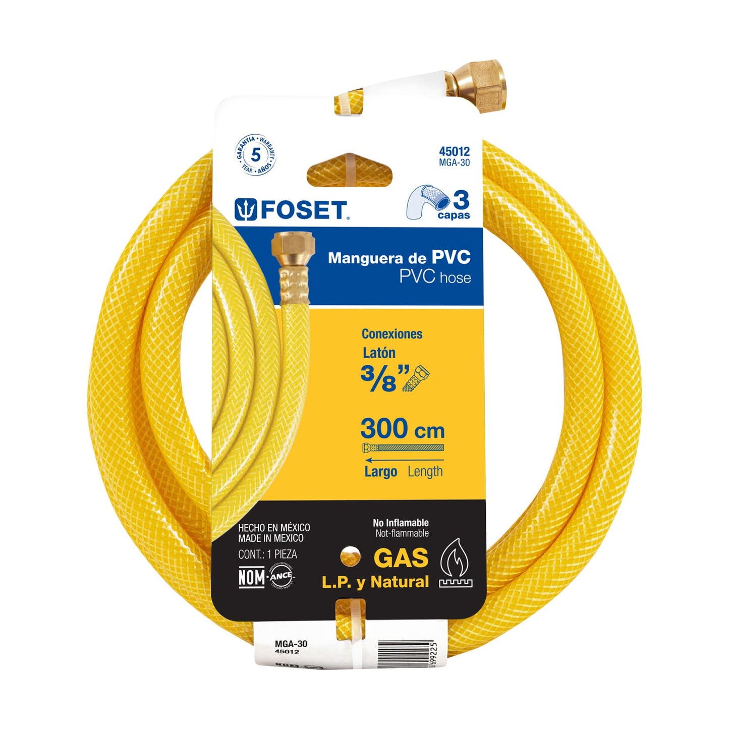 Manguera flexible, PVC, 3/8" con conexión, 3m