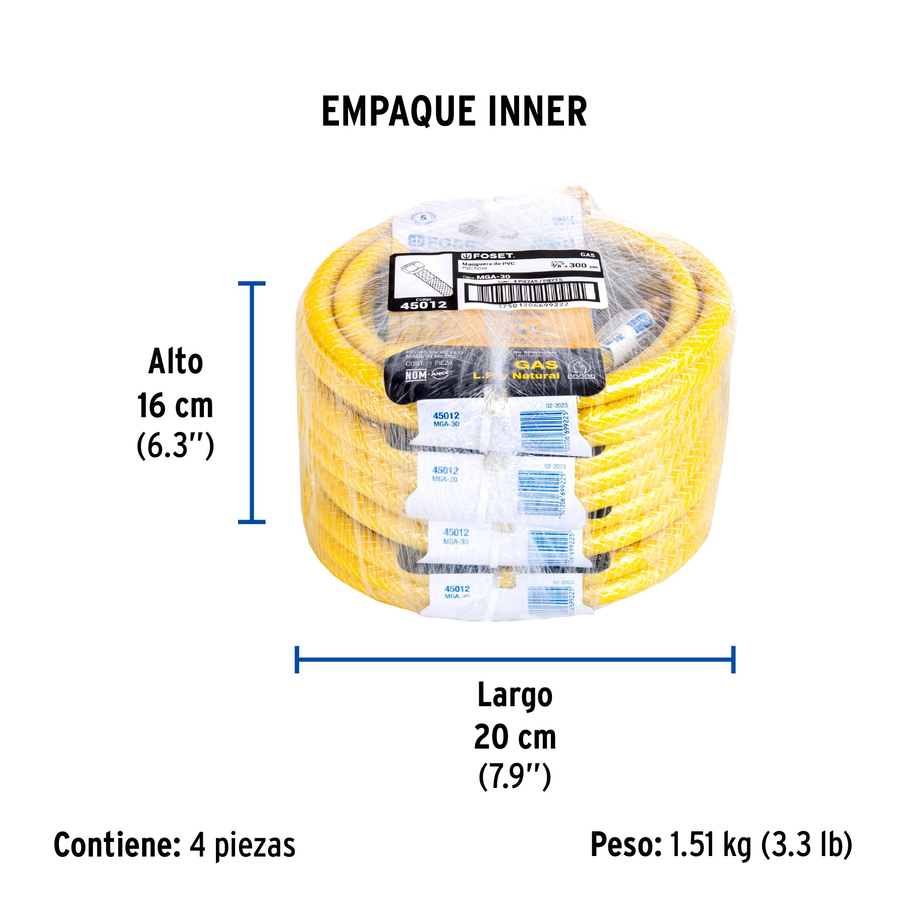 Manguera flexible, PVC, 3/8" con conexión, 3m
