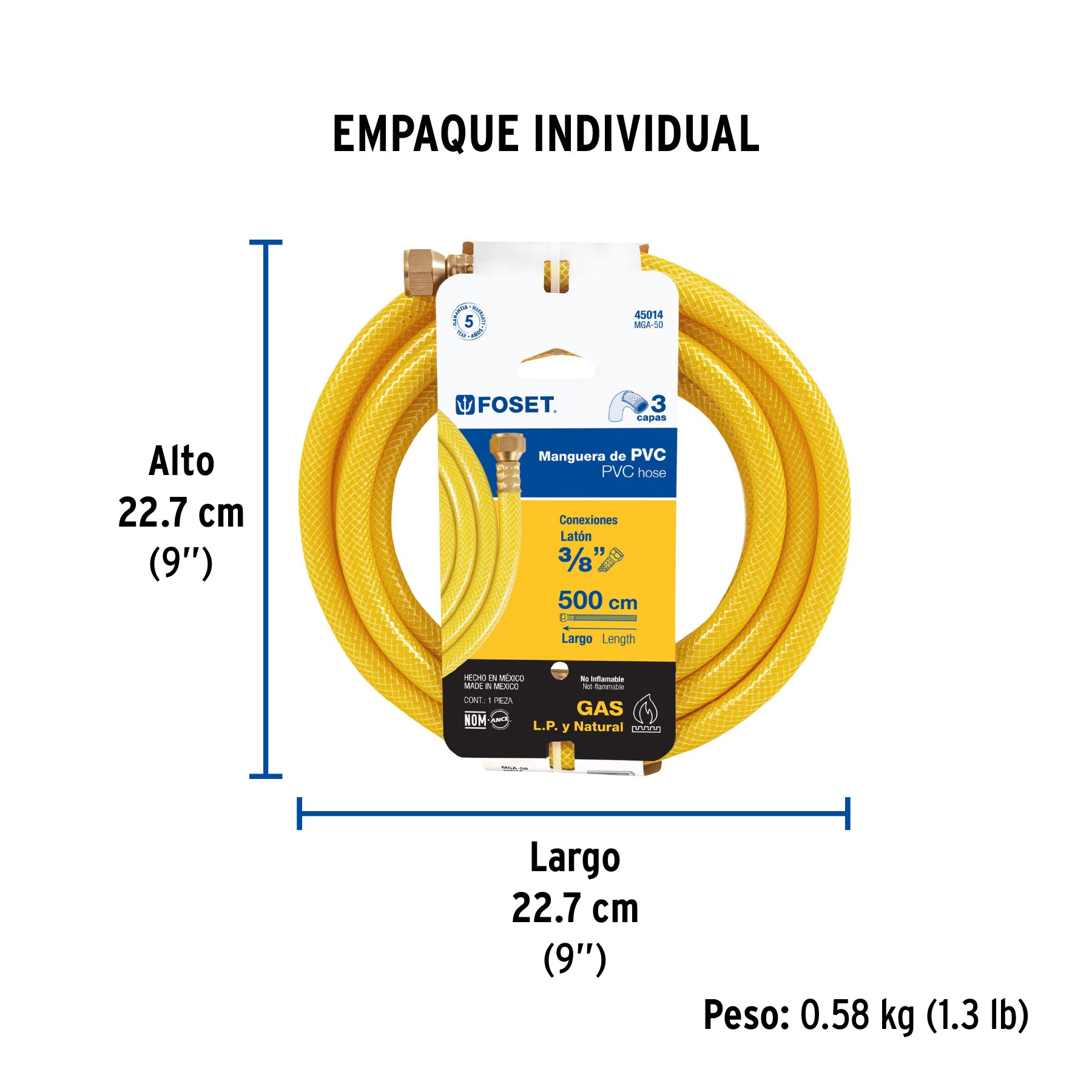 Manguera flexible, PVC, 3/8" con conexión, 5m