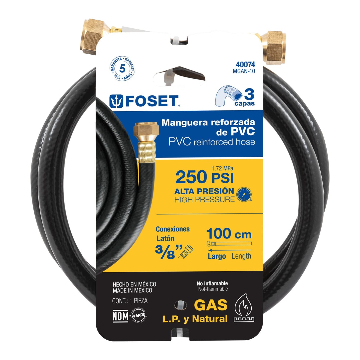 Manguera flexible negra, PVC, 3/8", 250 PSI, con conexión,1m