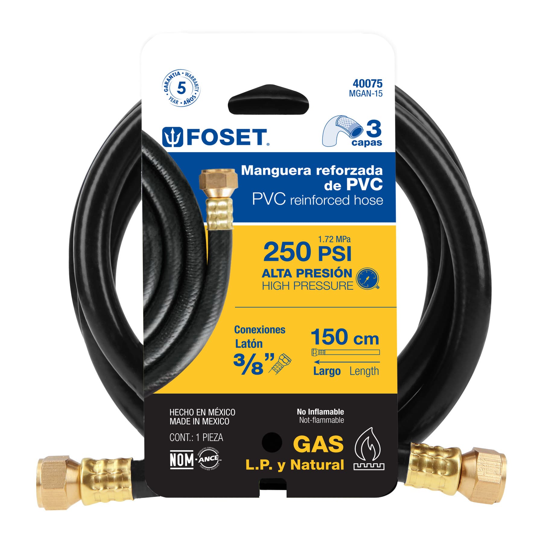 Manguera flexible negra, PVC, 3/8",250 PSI,con conexión,1.5m