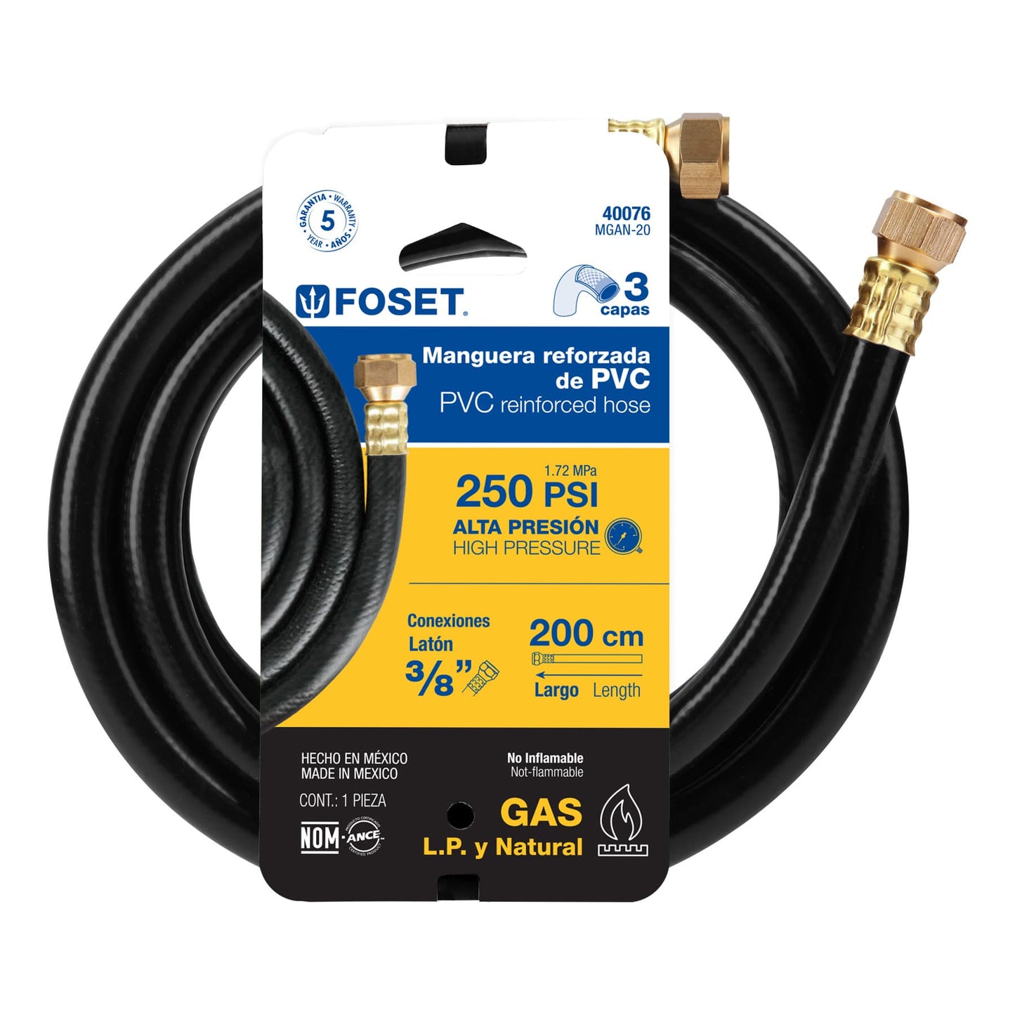 Manguera flexible negra, PVC, 3/8", 250 PSI,con conexión, 2m
