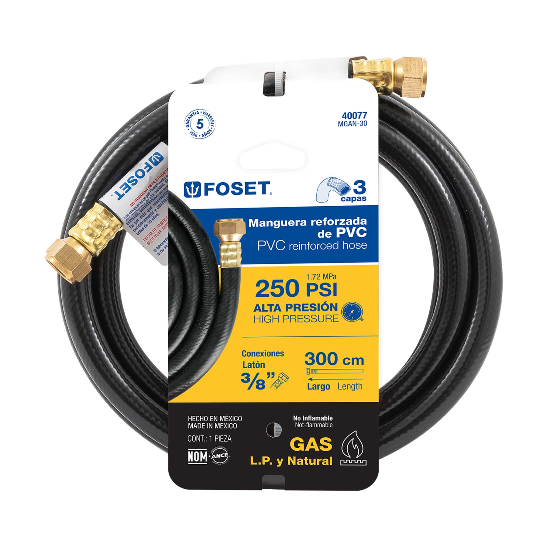 Manguera flexible negra, PVC, 3/8", 250 PSI,con conexión, 3m