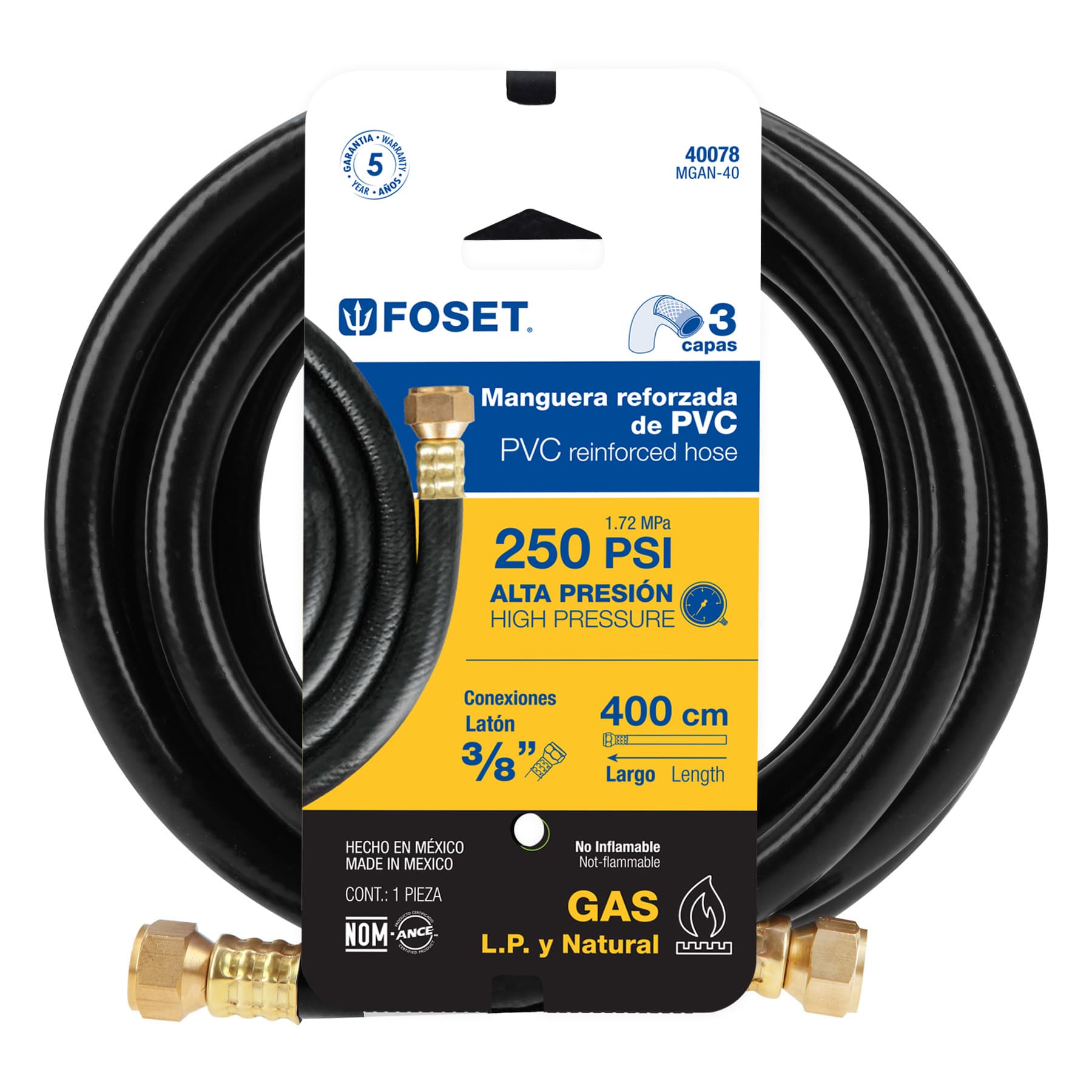 Manguera flexible negra, PVC, 3/8", 250 PSI,con conexión, 4m