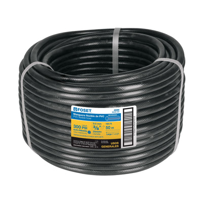 Manguera flexible negra, PVC, 3/8", 300 PSI,sin conexión,50m