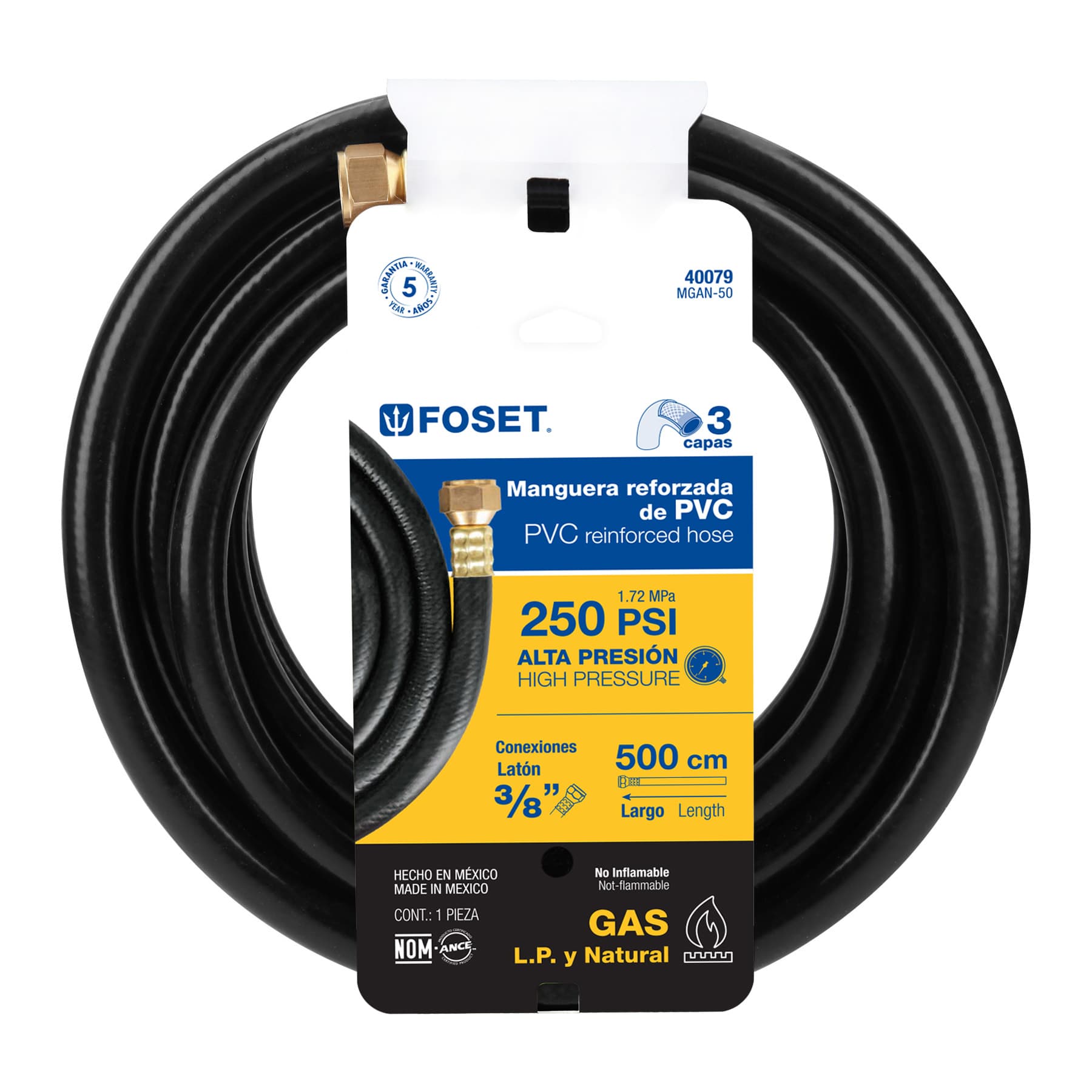 Manguera flexible negra, PVC, 3/8", 250 PSI,con conexión, 5m