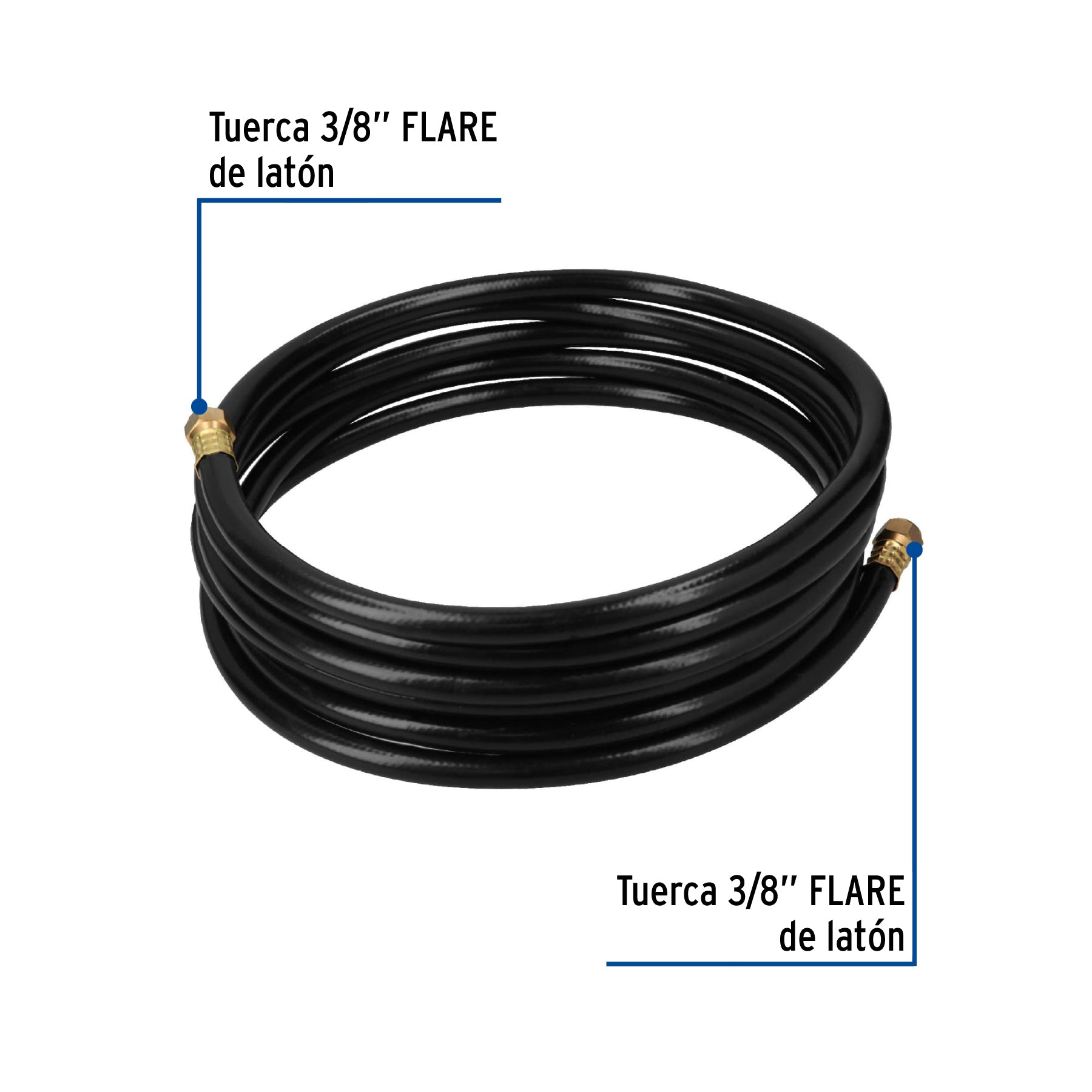 Manguera flexible negra, PVC, 3/8", 250 PSI,con conexión, 5m