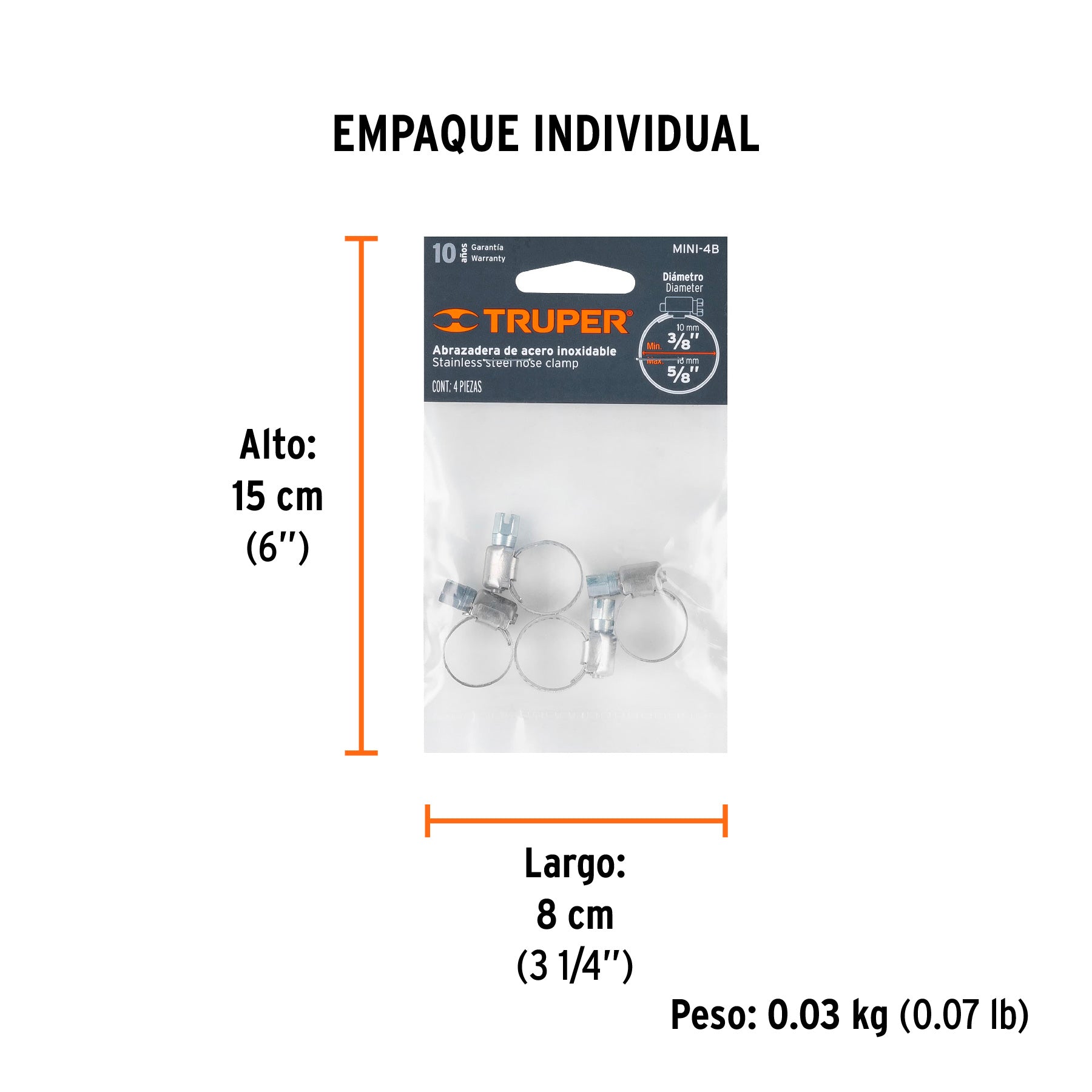 Abrazadera mini-4 de acero inoxidable, bolsa con 4 pzas