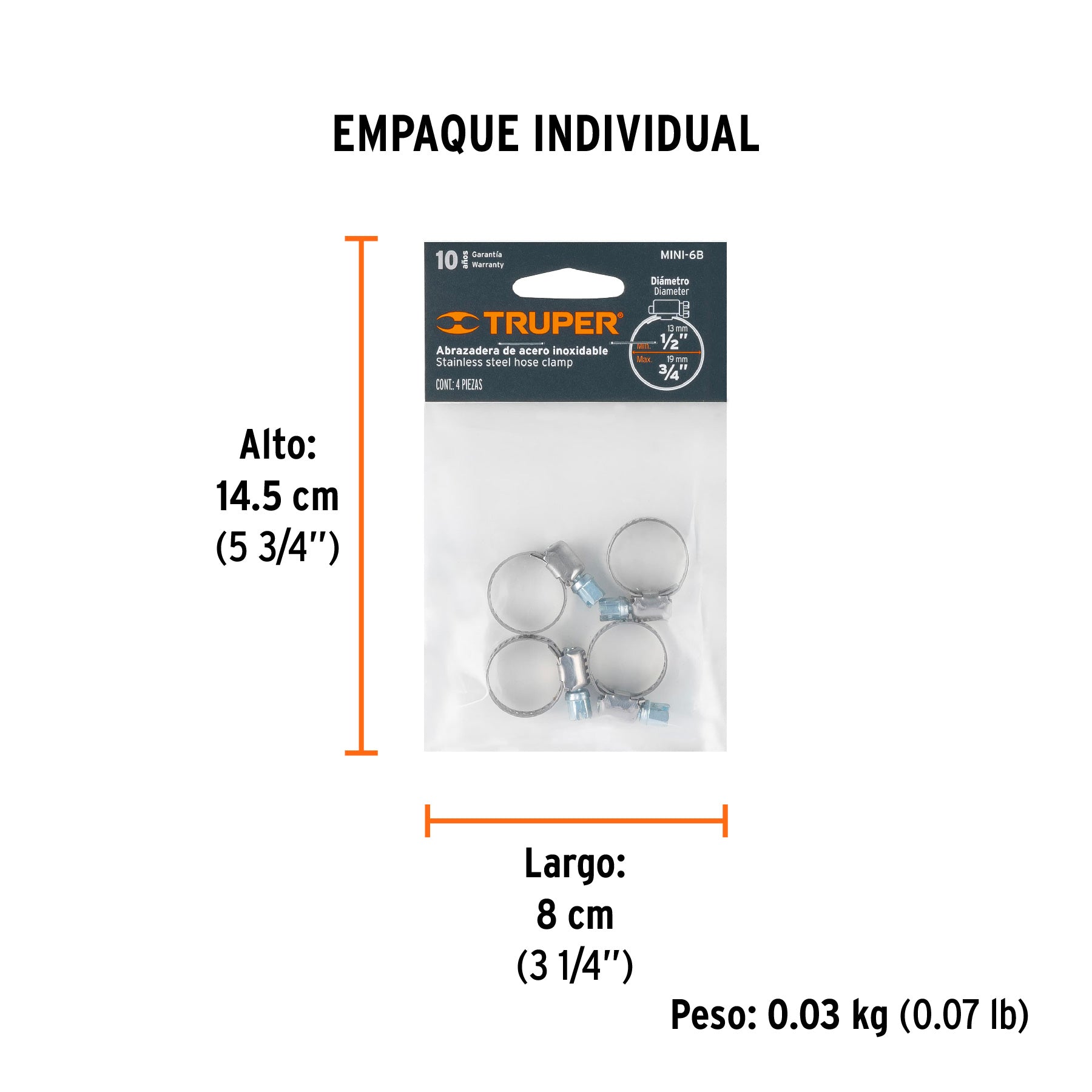 Abrazadera mini-6 de acero inoxidable, bolsa con 4 pzas
