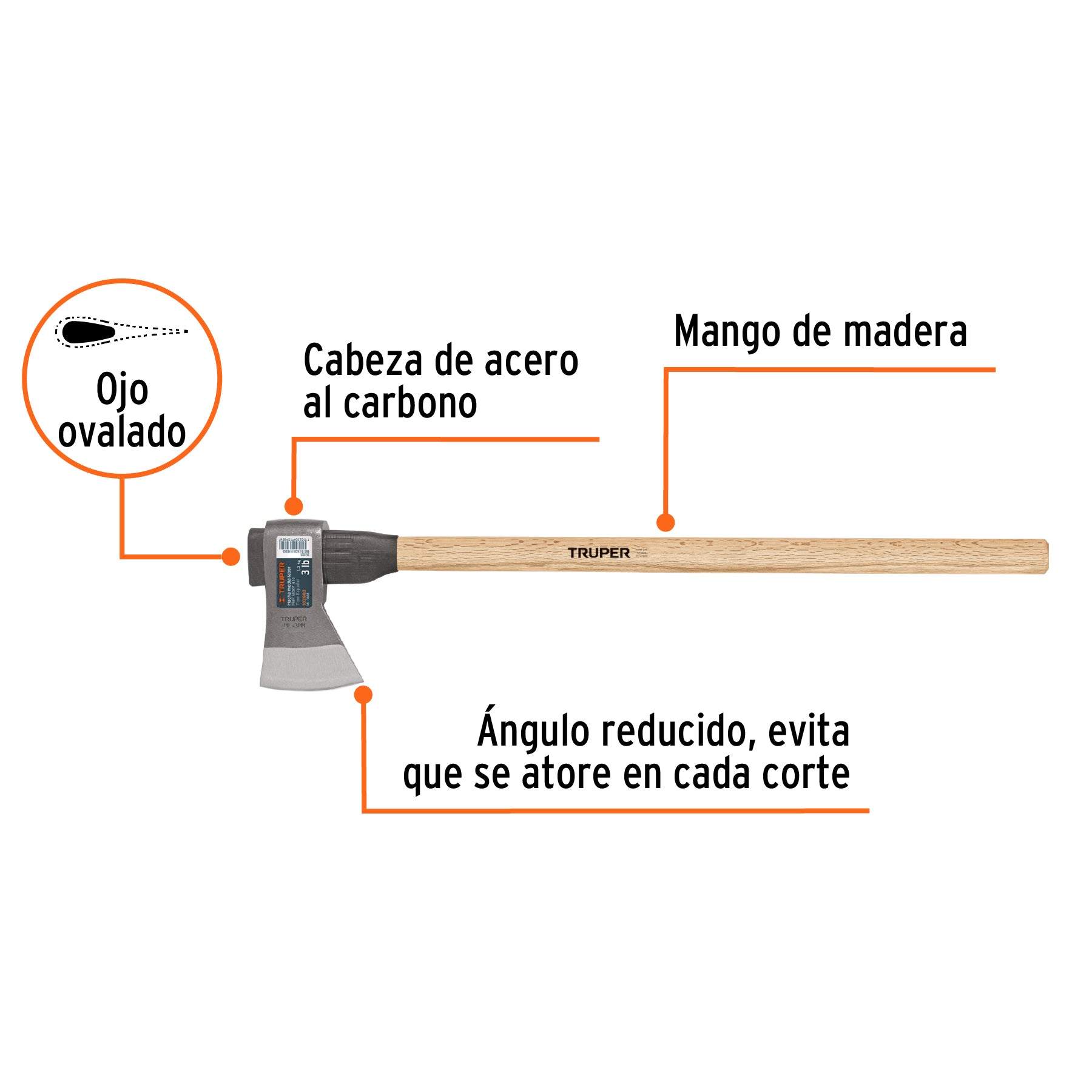 Hacha media labor 3 lb con mango de madera de 36', Truper
