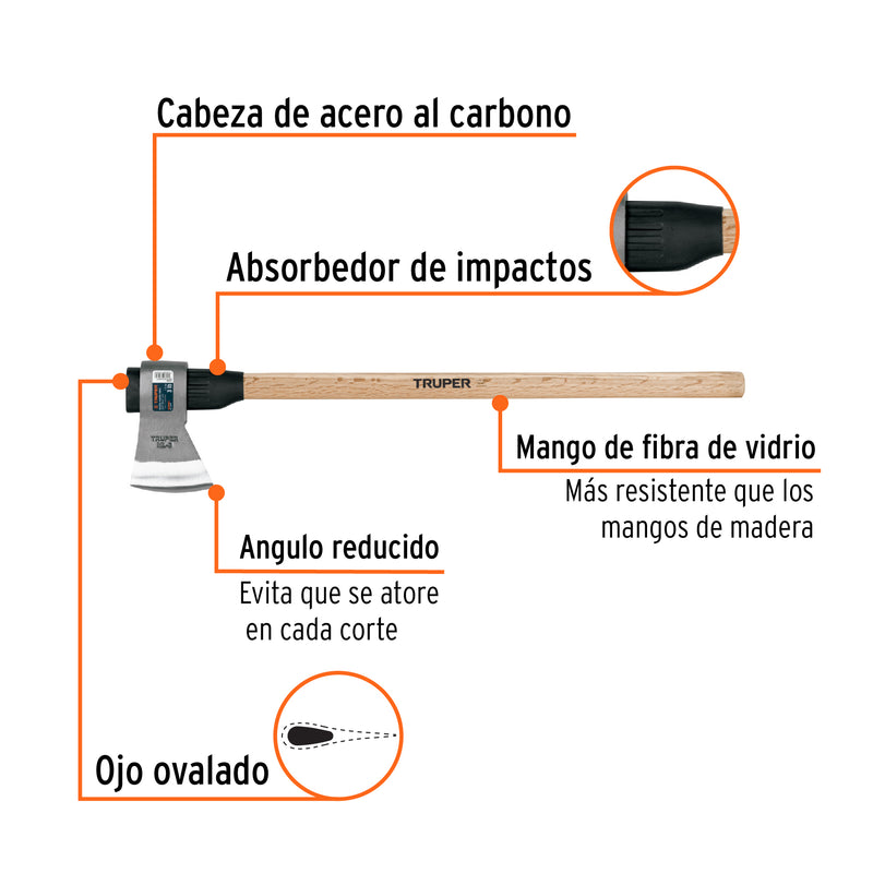 Hacha media labor 3 lb con mango de madera de 36', Truper