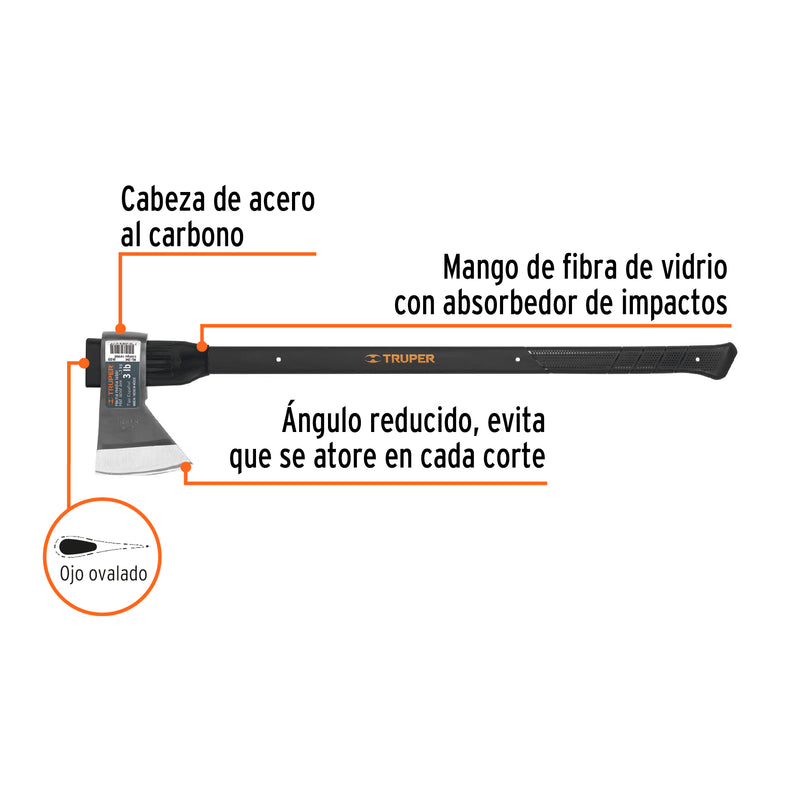 Hacha media labor 3 lb, mango de fibra de vidrio 36', TRUPER