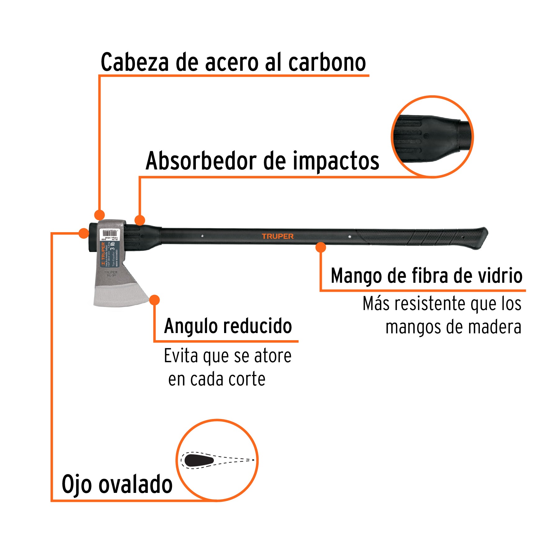 Hacha media labor 3 lb, mango de fibra de vidrio 36', TRUPER
