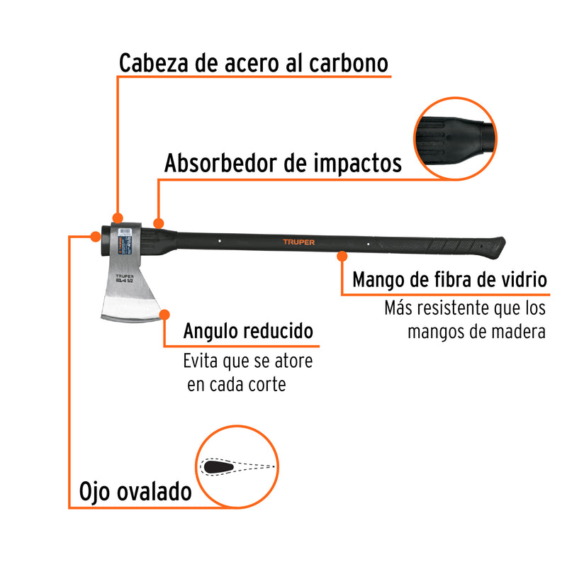 Hacha media labor 4-1/2 lb, mango fibra de vidrio 36',TRUPER