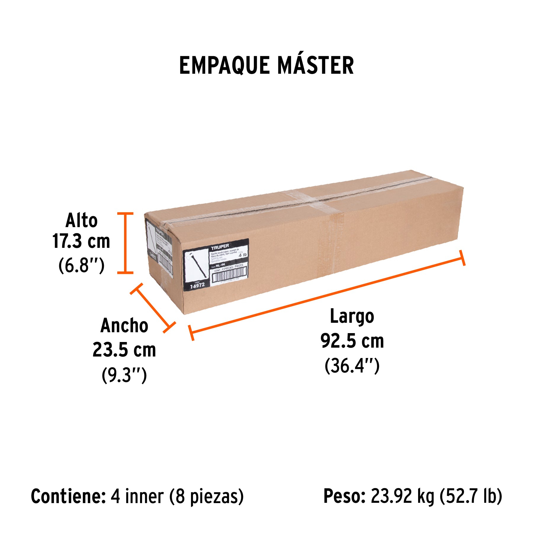 Hacha media labor 4 lb, mango de fibra de vidrio 36',TRUPER
