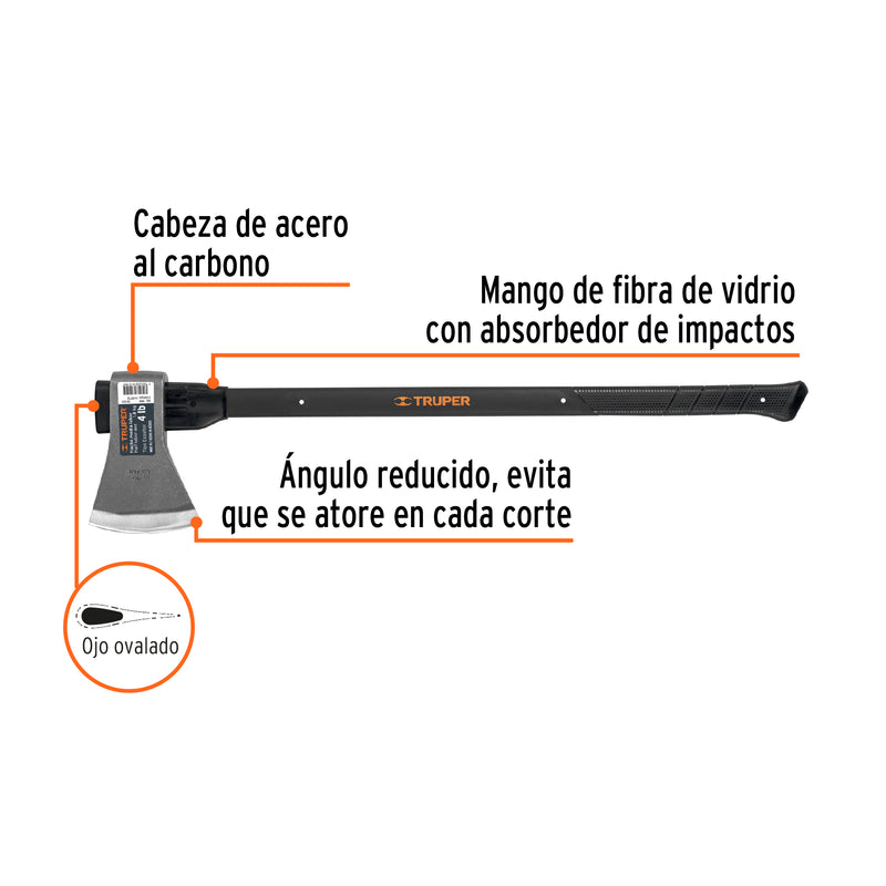 Hacha media labor 4 lb, mango de fibra de vidrio 36',TRUPER