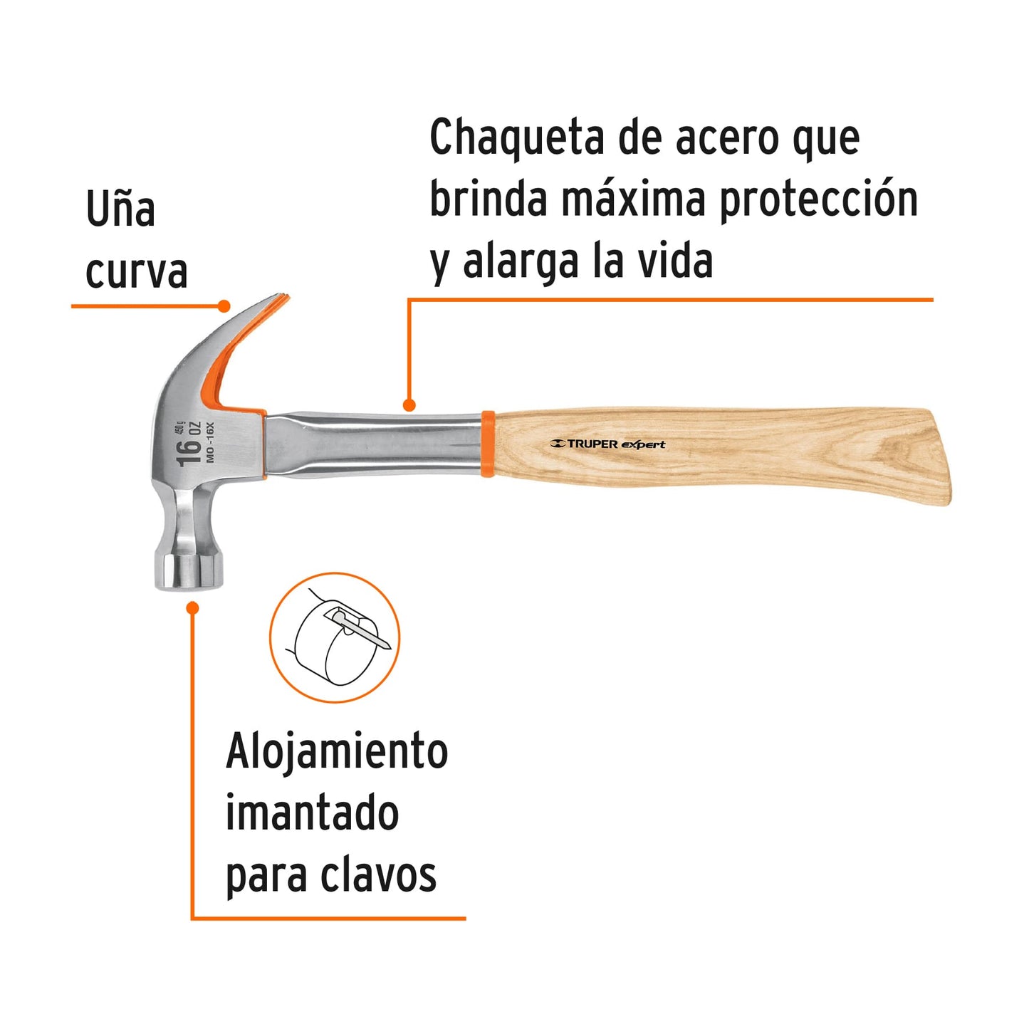 Martillo profesional, pulido espejo, uña curva, 16 oz