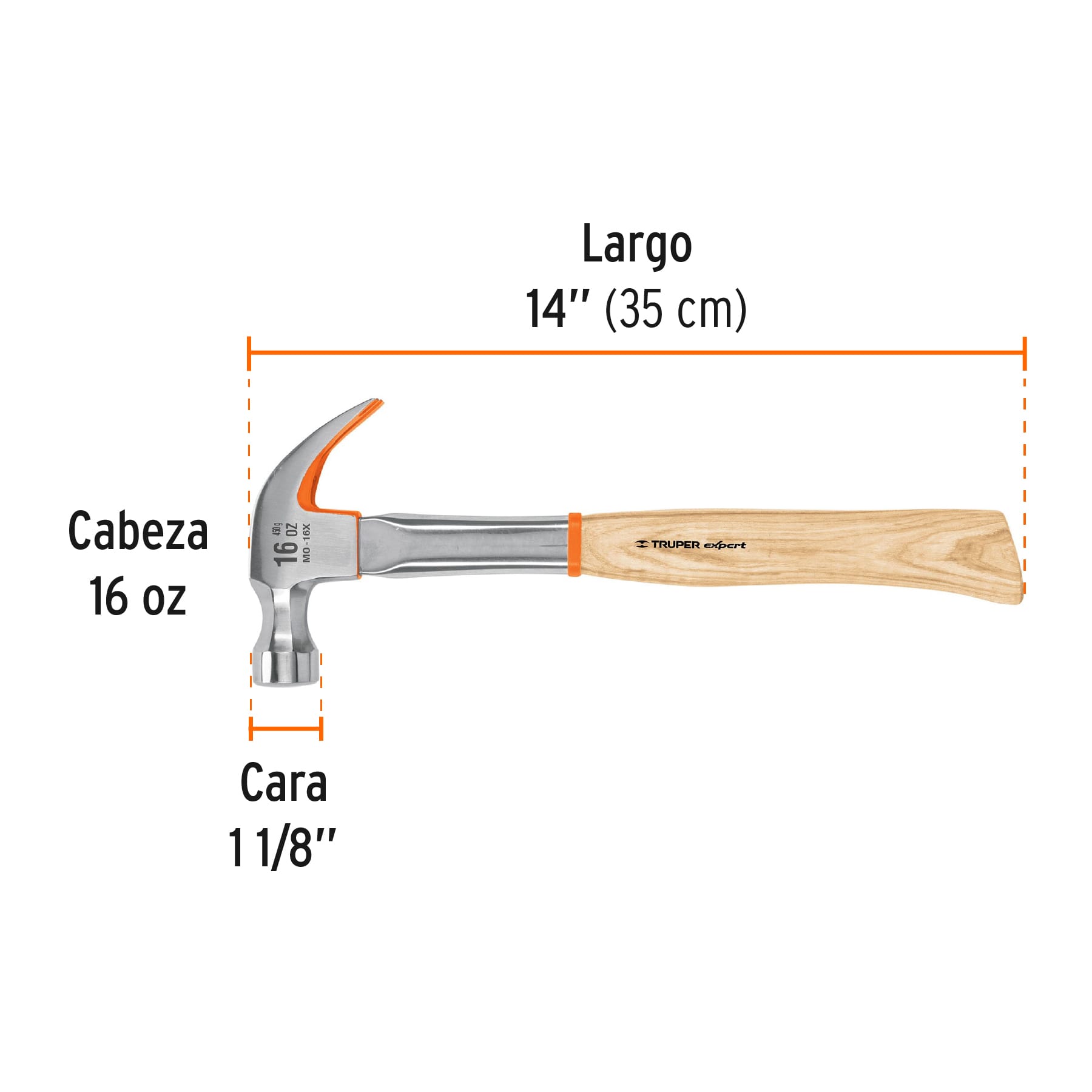 Martillo profesional, pulido espejo, uña curva, 16 oz