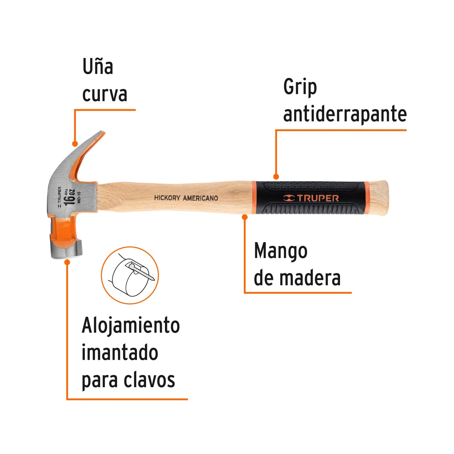 Martillo pulido uña curva 16 oz, mango de hickory