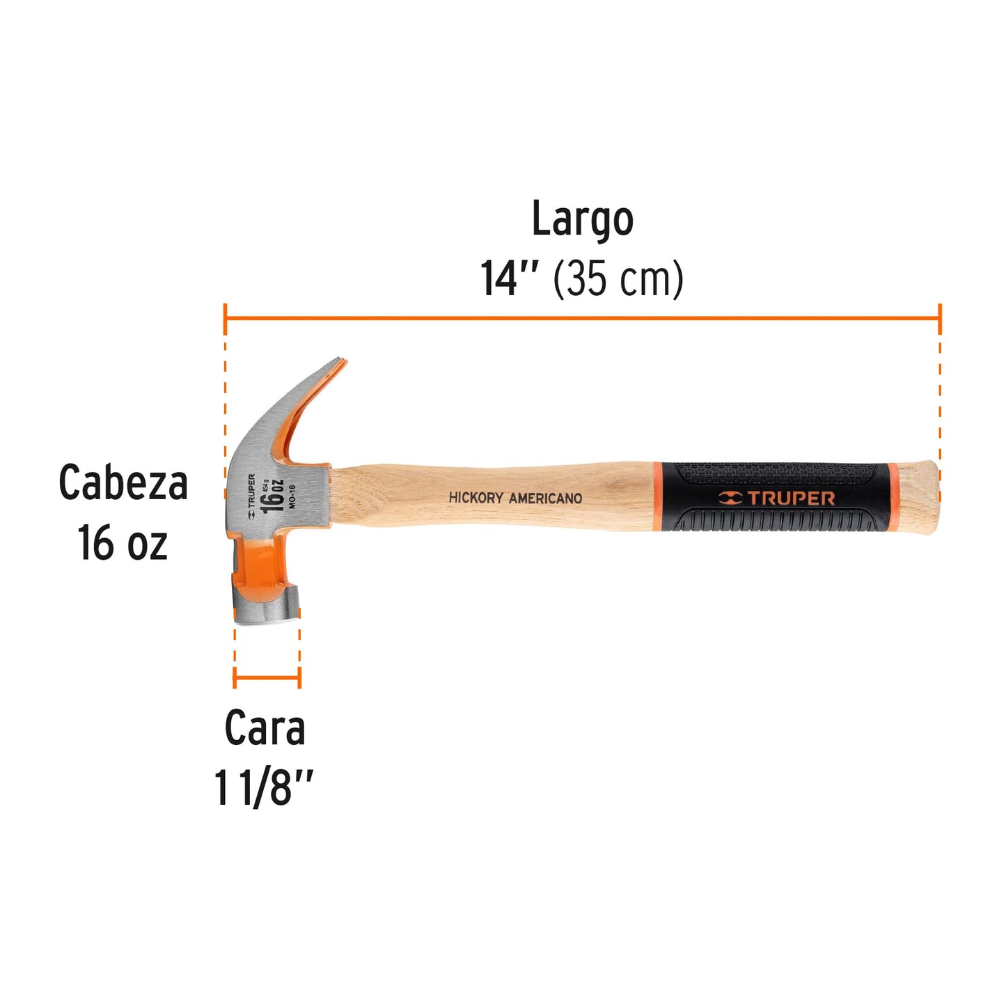 Martillo pulido uña curva 16 oz, mango de hickory