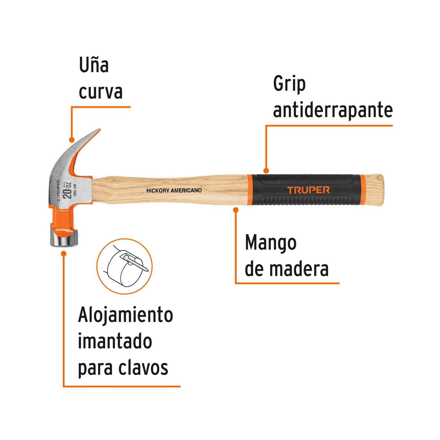 Martillo pulido uña curva 20 oz, mango de hickory