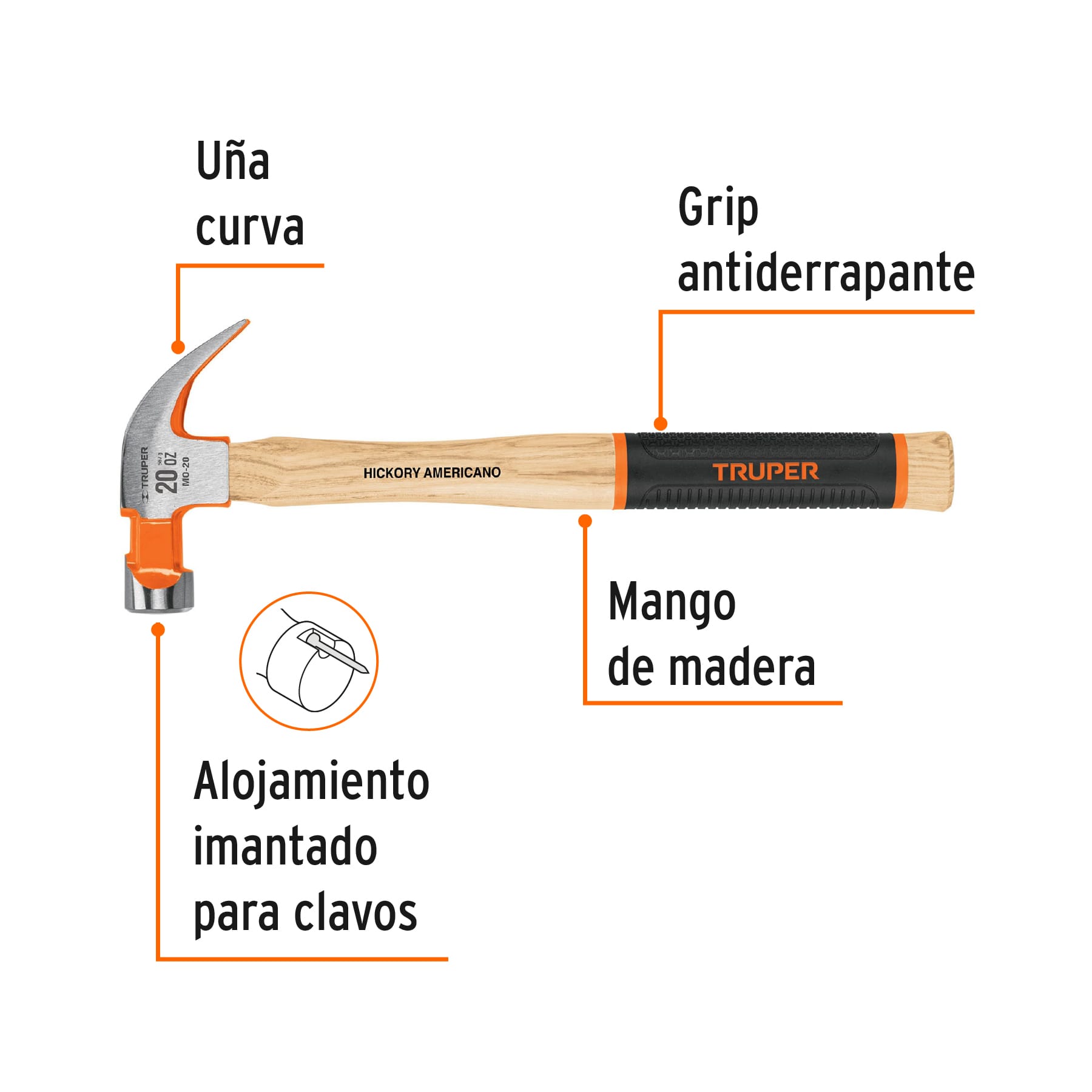 Martillo pulido uña curva 20 oz, mango de hickory