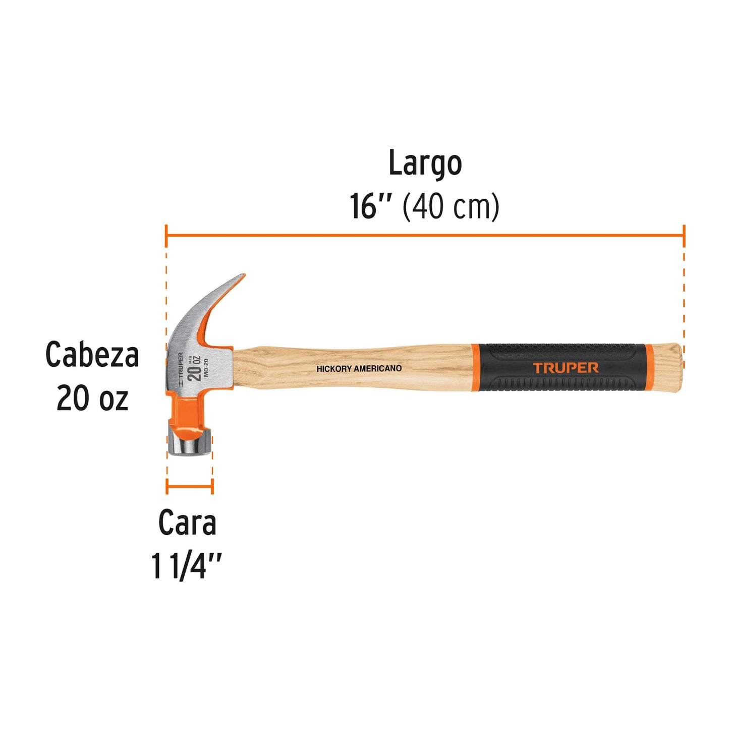 Martillo pulido uña curva 20 oz, mango de hickory