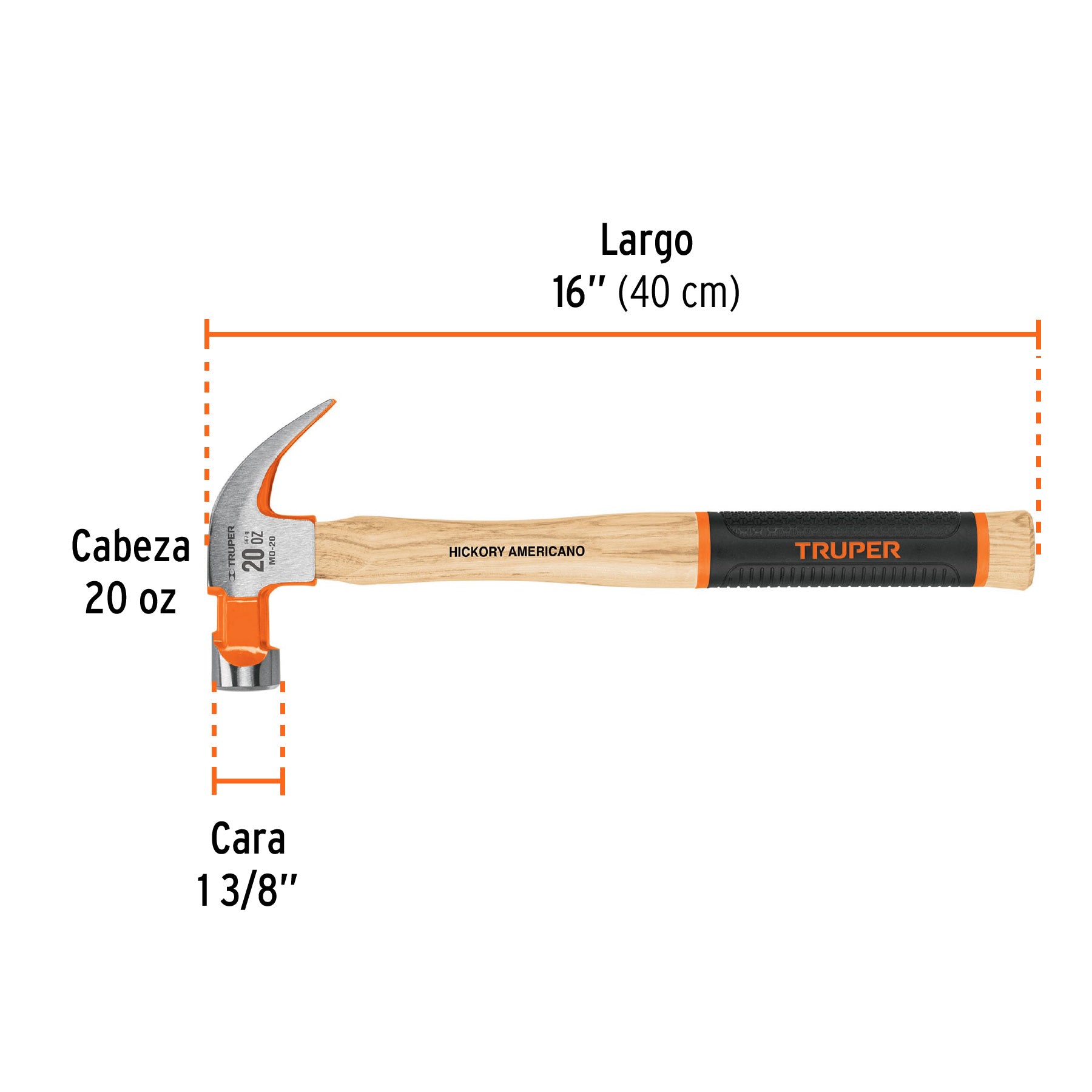 Martillo pulido uña curva 20 oz, mango de hickory