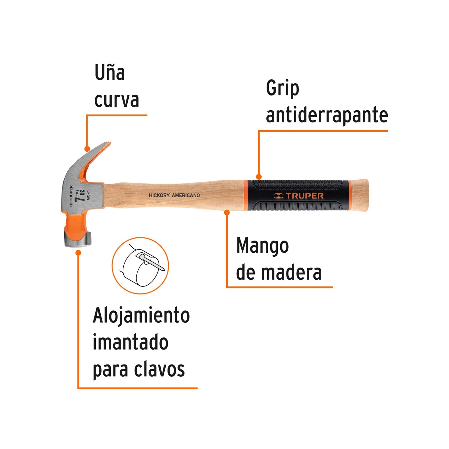 Martillo pulido uña curva 7oz, mango de hickory