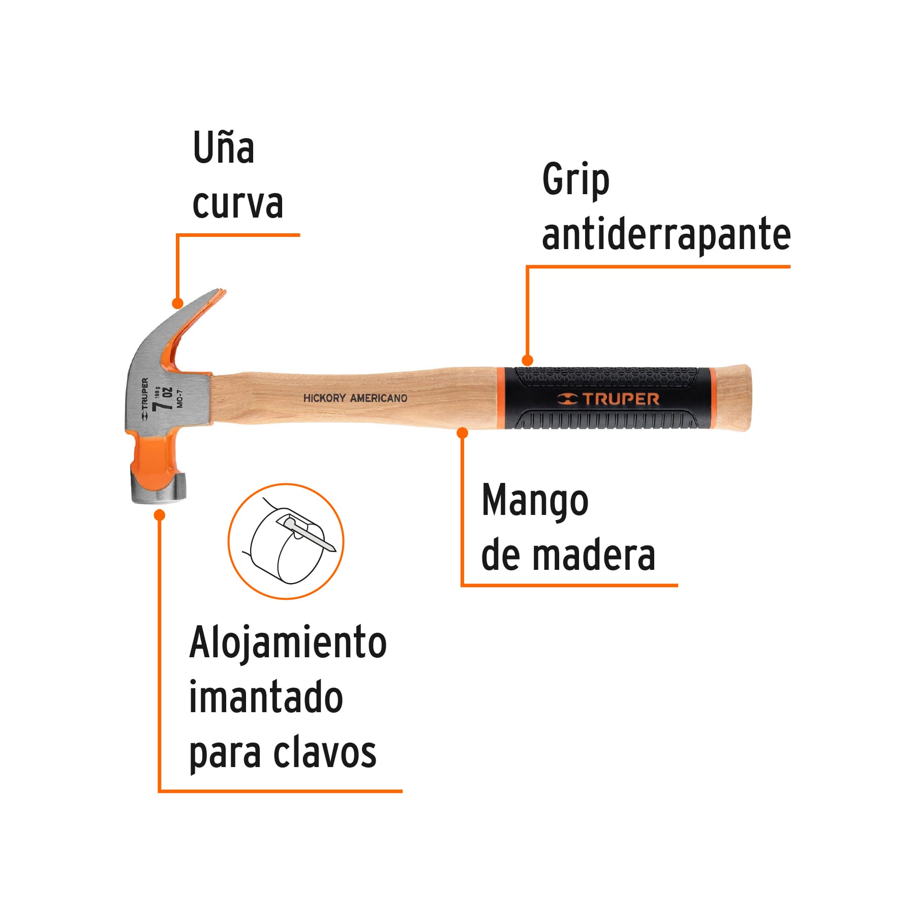 Martillo pulido uña curva 7oz, mango de hickory