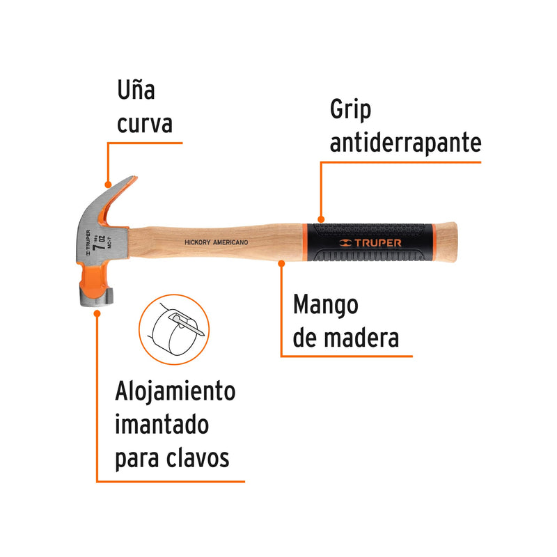 Martillo pulido uña curva 7oz, mango de hickory