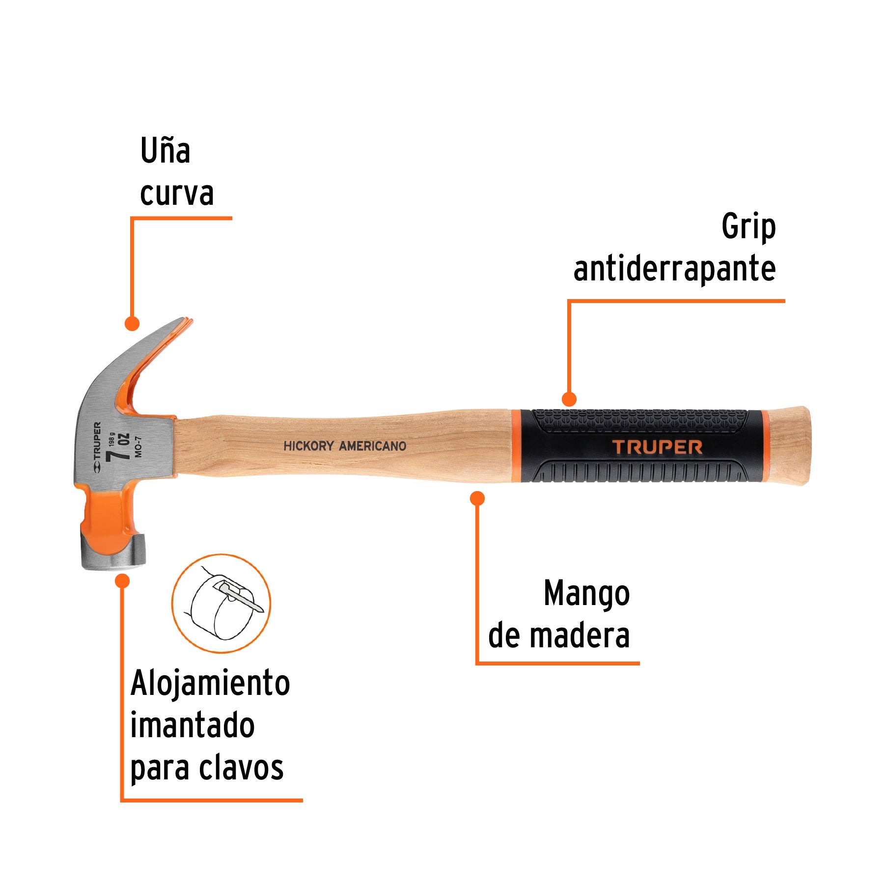 Martillo pulido uña curva 7oz, mango de hickory